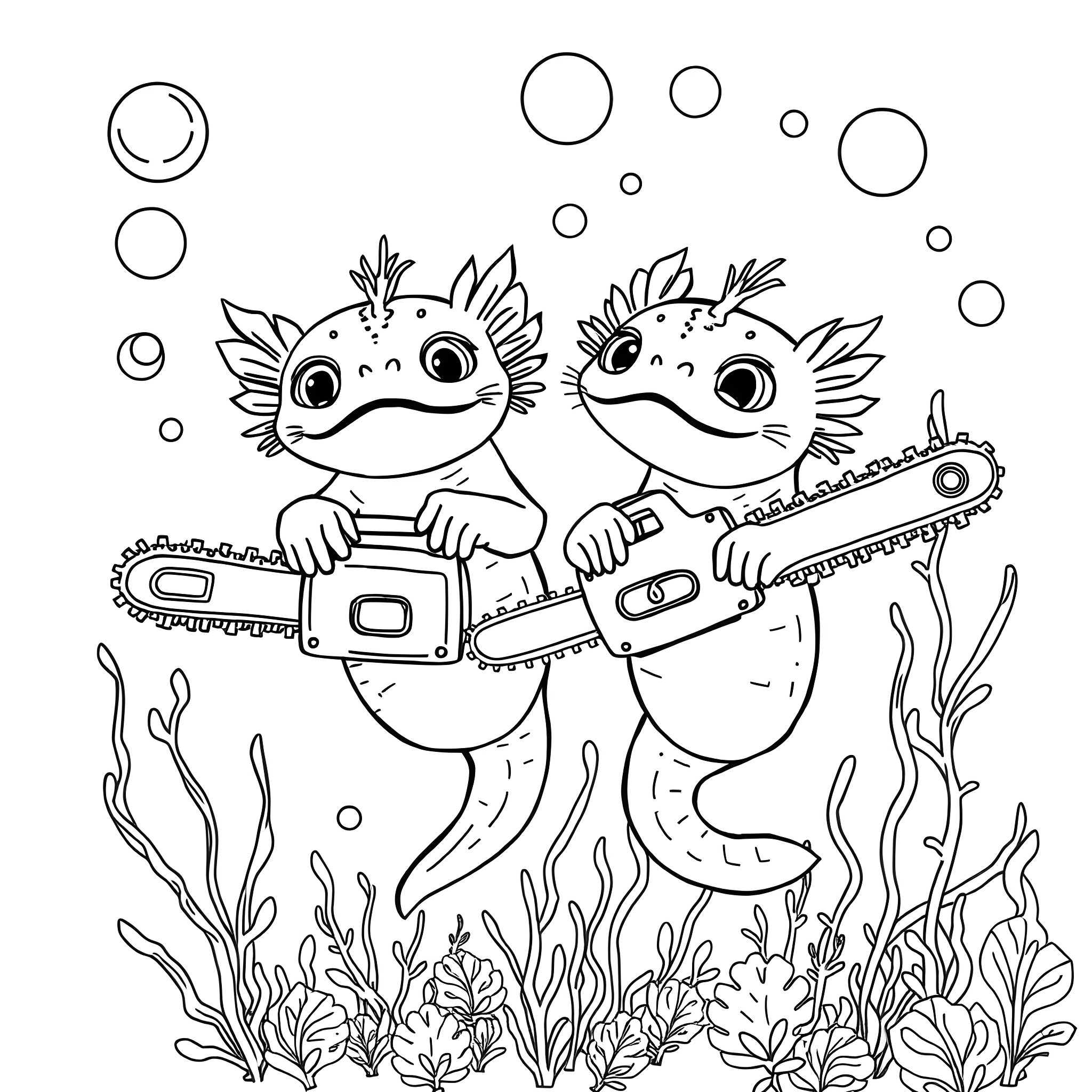 Axolotl friends exploring the underwater world Coloring Page (free black-and-white line drawing printable PDF for all, from beginners to advanced learners, including children, teens, adults, and seniors)
