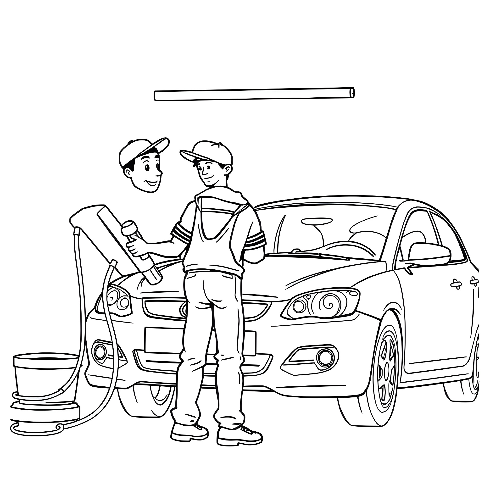 Navy Guy Washing and Inspecting Car Coloring Page (free black-and-white line drawing printable PDF for all, from beginners to advanced learners, including children, teens, adults, and seniors)
