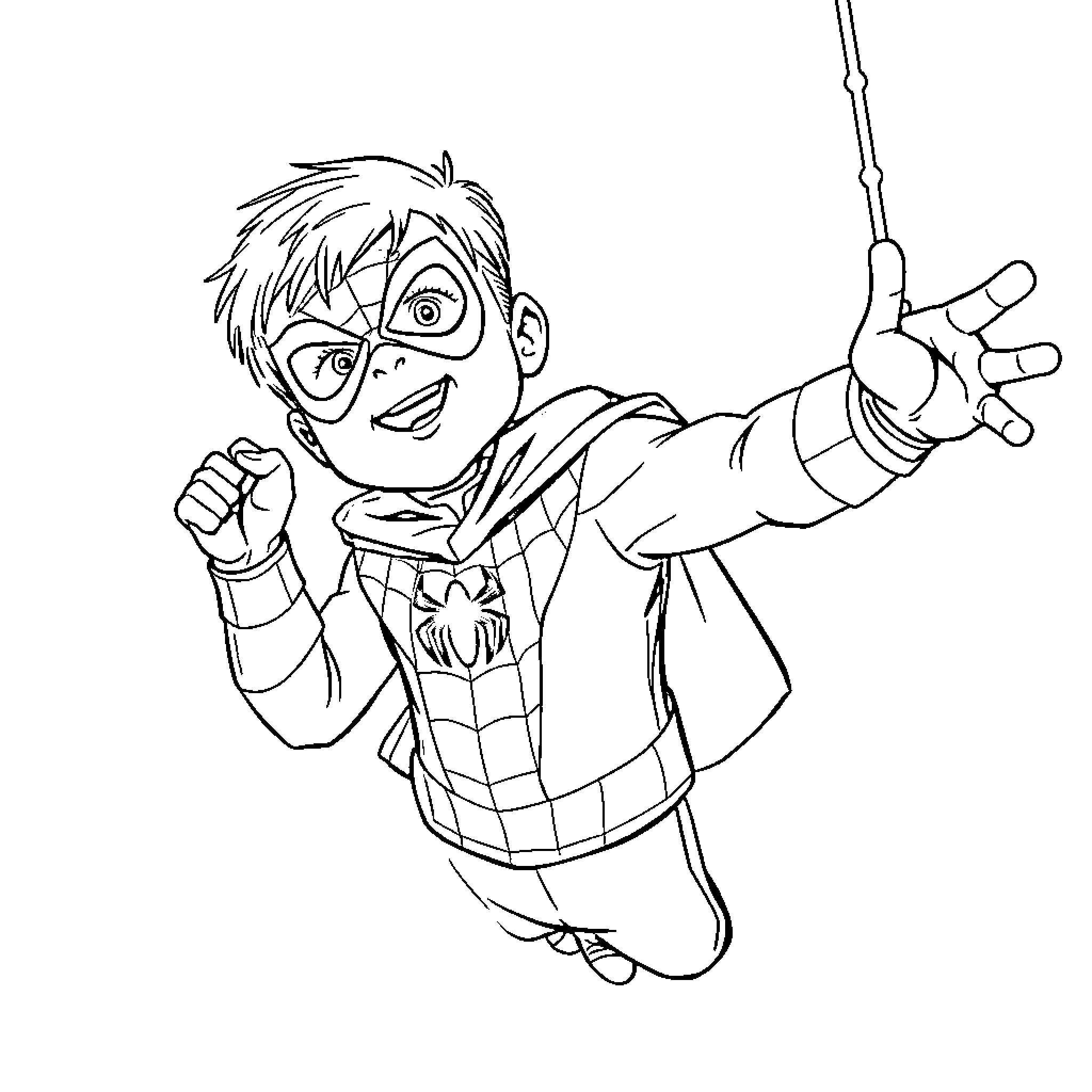 Spider-Man swinging dynamically in action Coloring Page (free black-and-white line drawing printable PDF for all, from beginners to advanced learners, including children, teens, adults, and seniors)