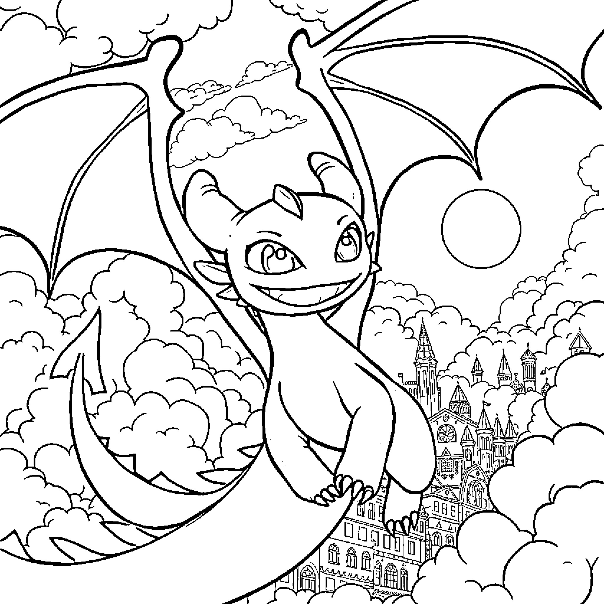 Toothless soaring through the clouds and skyscrapers Coloring Page (free black-and-white line drawing printable PDF for all, from beginners to advanced learners, including children, teens, adults, and seniors)