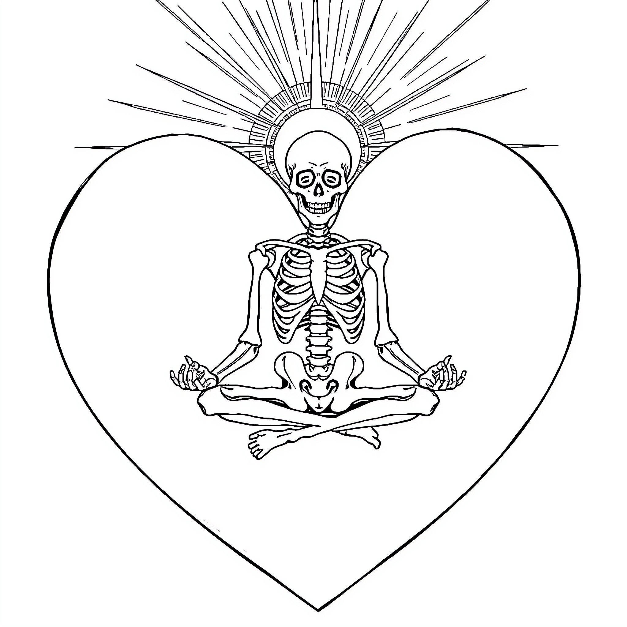Skeleton in meditative pose with heart-shaped frame Coloring Page (free black-and-white line drawing printable PDF for all, from beginners to advanced learners, including children, teens, adults, and seniors)