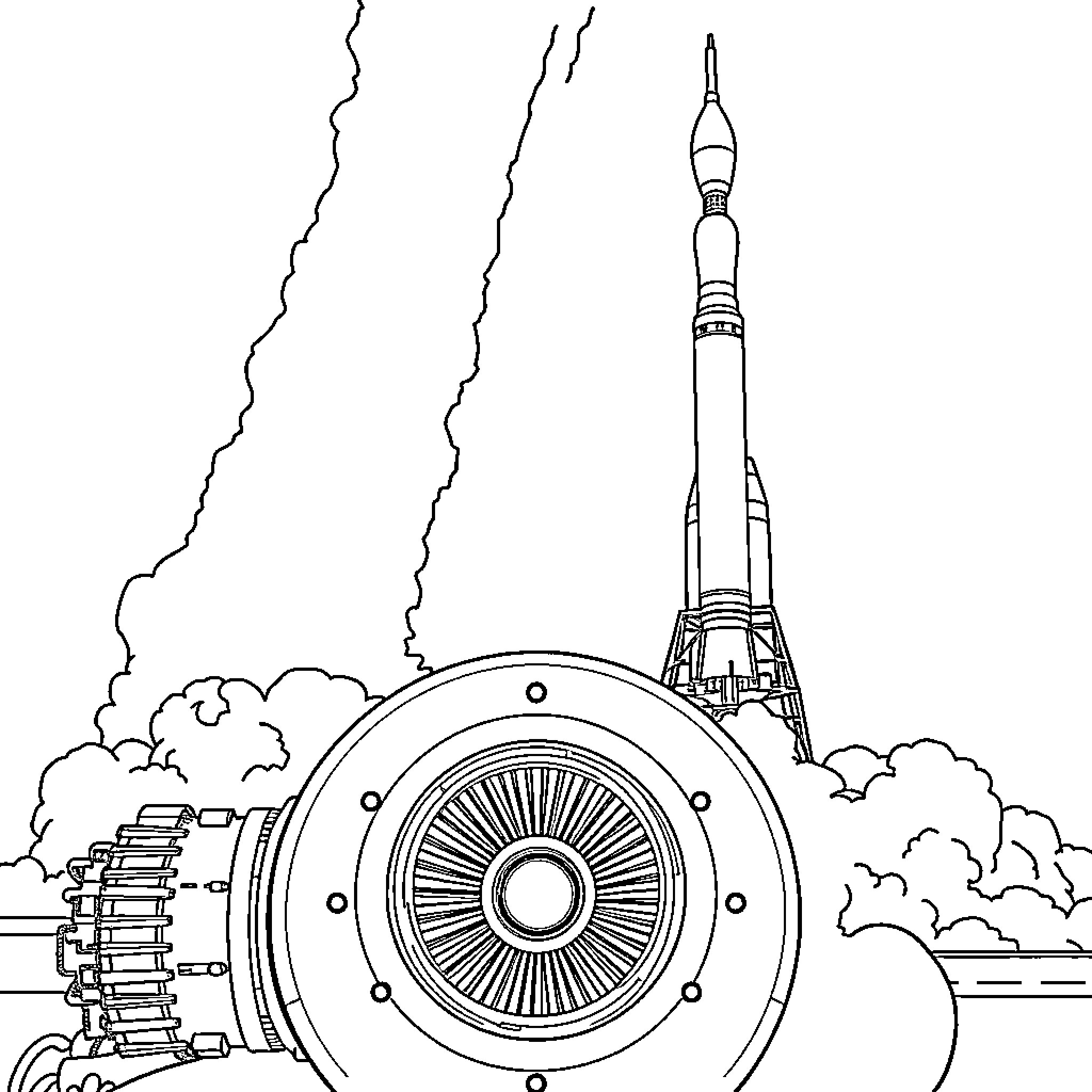 Rocket launching with technical details Coloring Page (free black-and-white line drawing printable PDF for all, from beginners to advanced learners, including children, teens, adults, and seniors)
