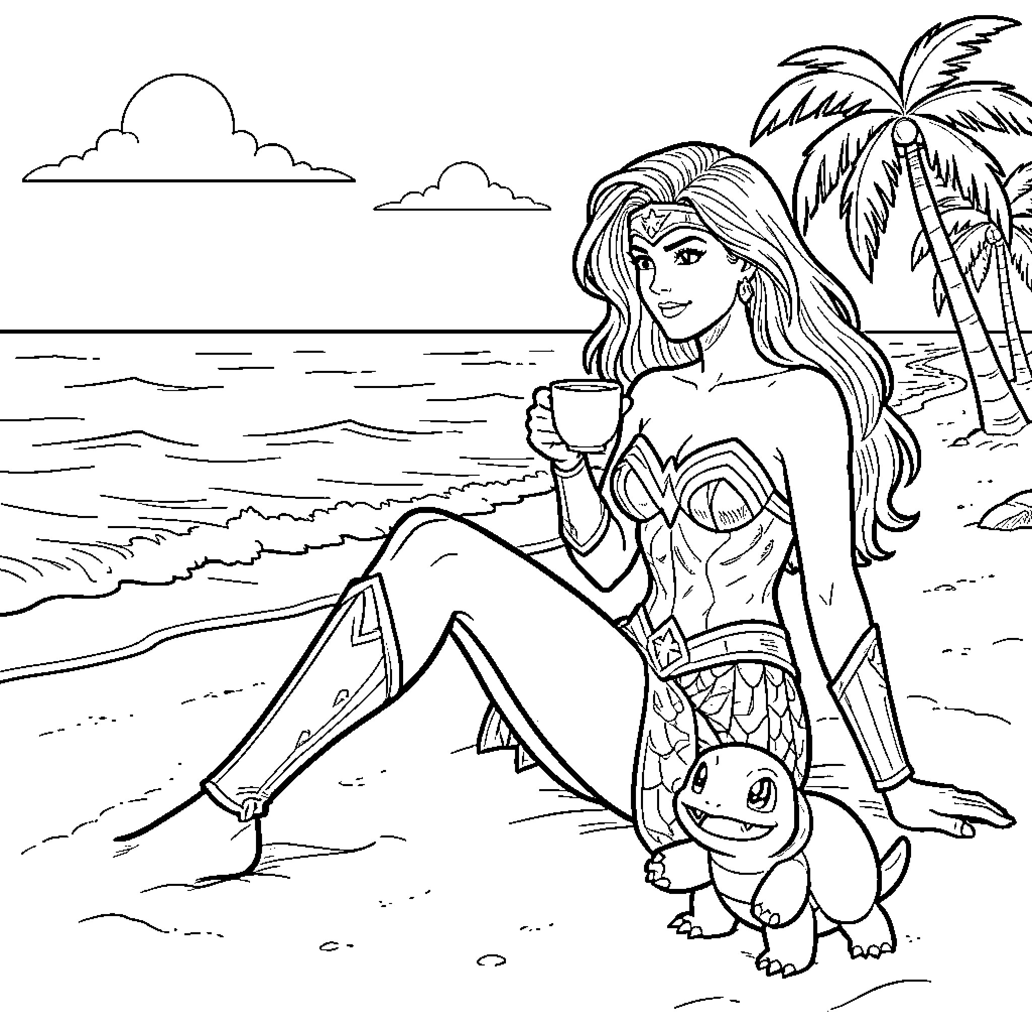 Wonder Woman relaxing on a beach with a small creature Coloring Page (free black-and-white line drawing printable PDF for all, from beginners to advanced learners, including children, teens, adults, and seniors)