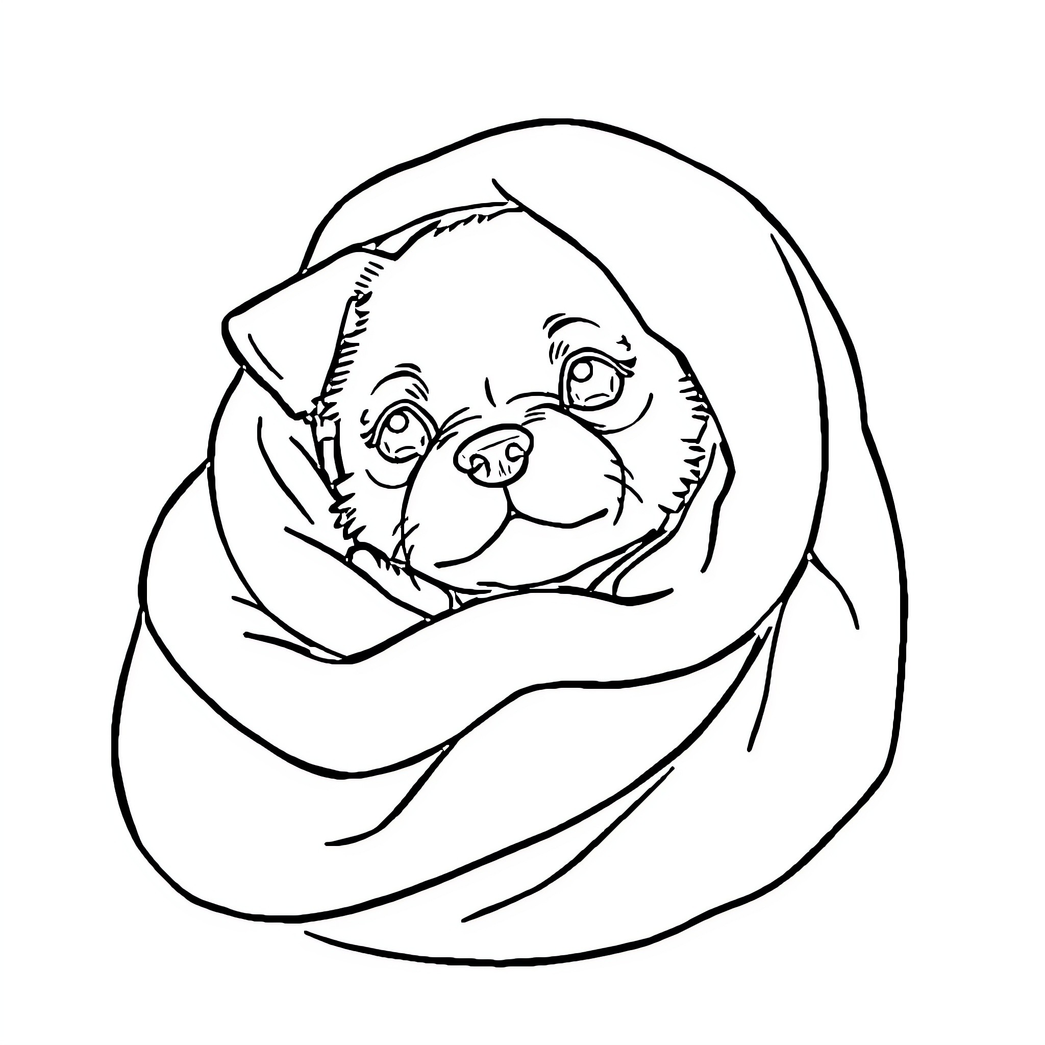Dog wrapped in a cozy blanket Coloring Page (free black-and-white line drawing printable PDF for all, from beginners to advanced learners, including children, teens, adults, and seniors)