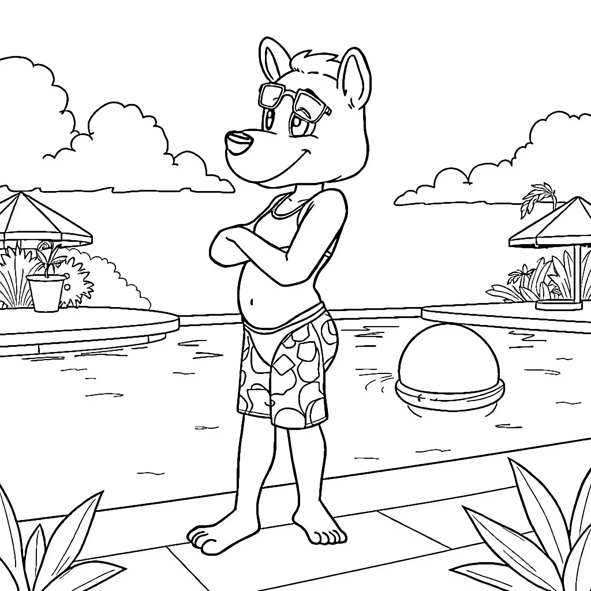 Labubu enjoying a sunny day at the beach Coloring Page (free black-and-white line drawing printable PDF for all, from beginners to advanced learners, including children, teens, adults, and seniors)