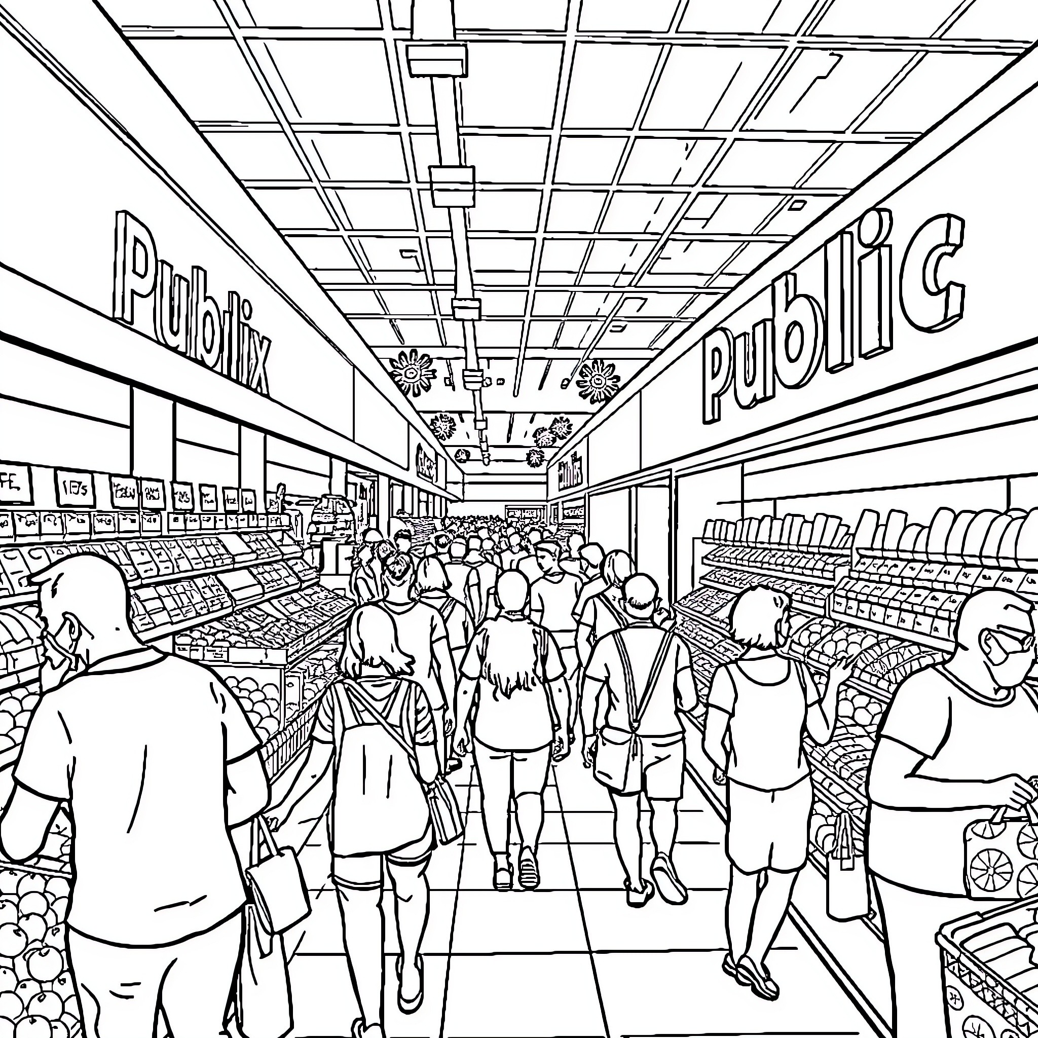 Publix supermarket with bustling customers Coloring Page (free black-and-white line drawing printable PDF for all, from beginners to advanced learners, including children, teens, adults, and seniors)