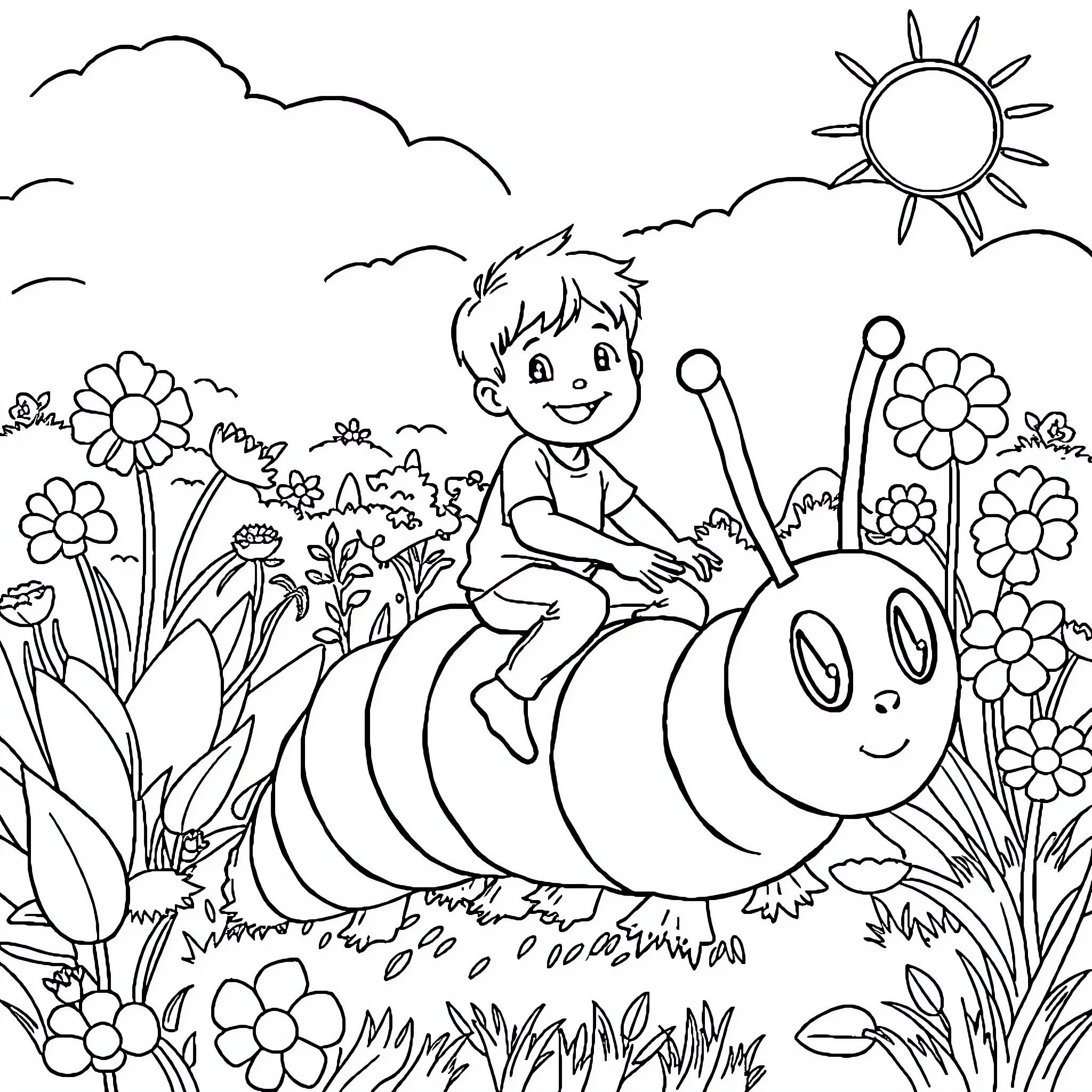 Boy riding a happy caterpillar in a flowery meadow Coloring Page (free black-and-white line drawing printable PDF for all, from beginners to advanced learners, including children, teens, adults, and seniors)