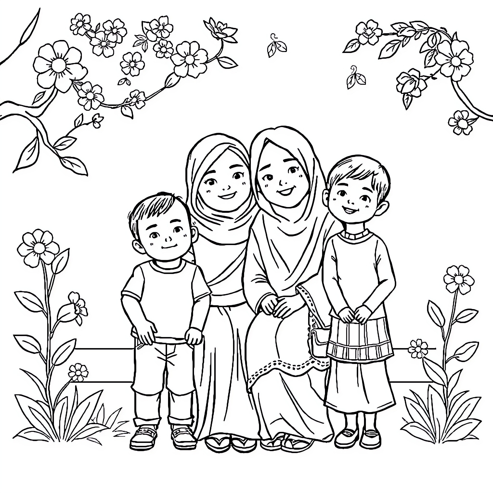 Family Portrait with Floral Surroundings Coloring Page (free black-and-white line drawing printable PDF for all, from beginners to advanced learners, including children, teens, adults, and seniors)