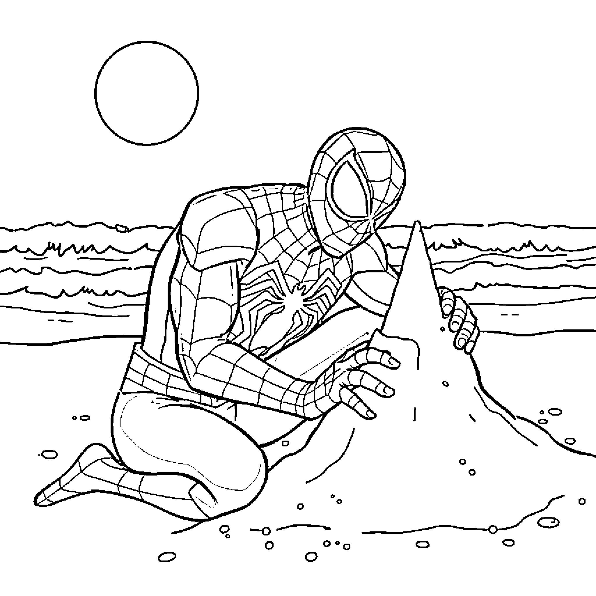 Spiderman crouched on the beach at night Coloring Page (free black-and-white line drawing printable PDF for all, from beginners to advanced learners, including children, teens, adults, and seniors)