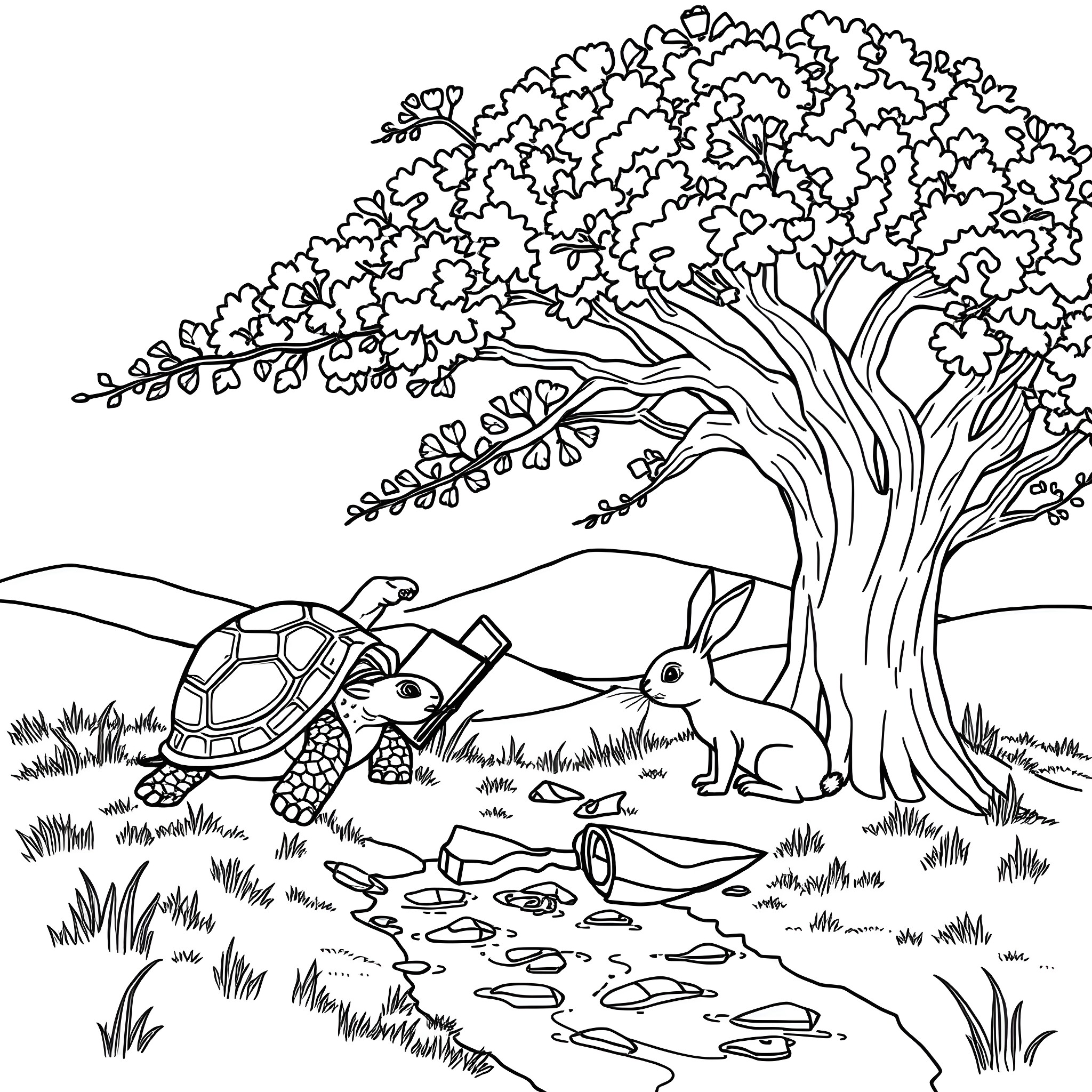 Turtle enjoying nature with friends under a large tree Coloring Page (free black-and-white line drawing printable PDF for all, from beginners to advanced learners, including children, teens, adults, and seniors)