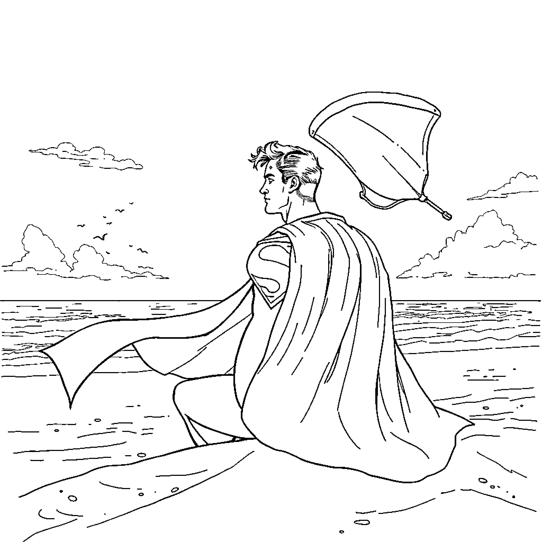 Superman soaring over the ocean Coloring Page (free black-and-white line drawing printable PDF for all, from beginners to advanced learners, including children, teens, adults, and seniors)