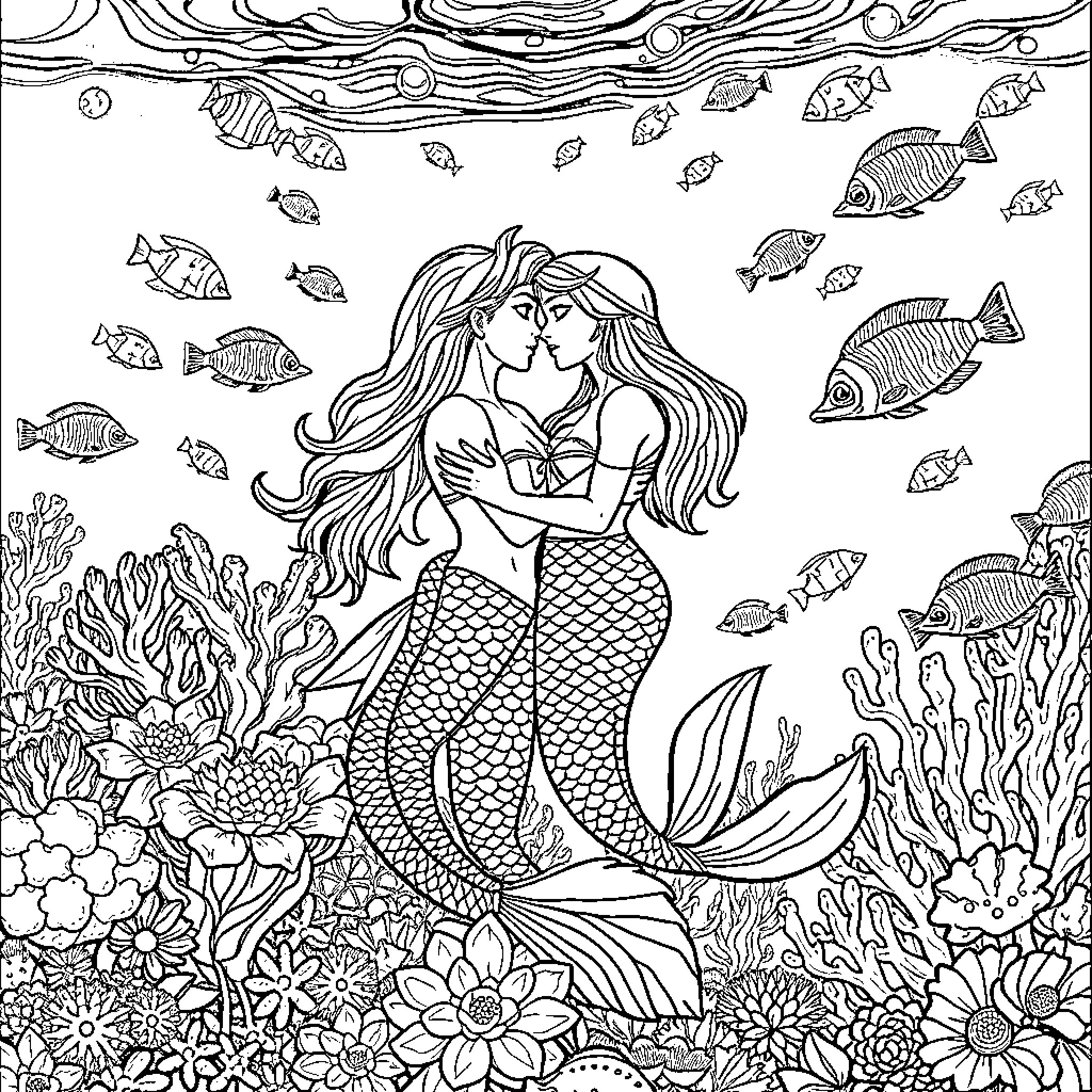 Merman and Mermaid Embracing Underwater Coloring Page (free black-and-white line drawing printable PDF for all, from beginners to advanced learners, including children, teens, adults, and seniors)