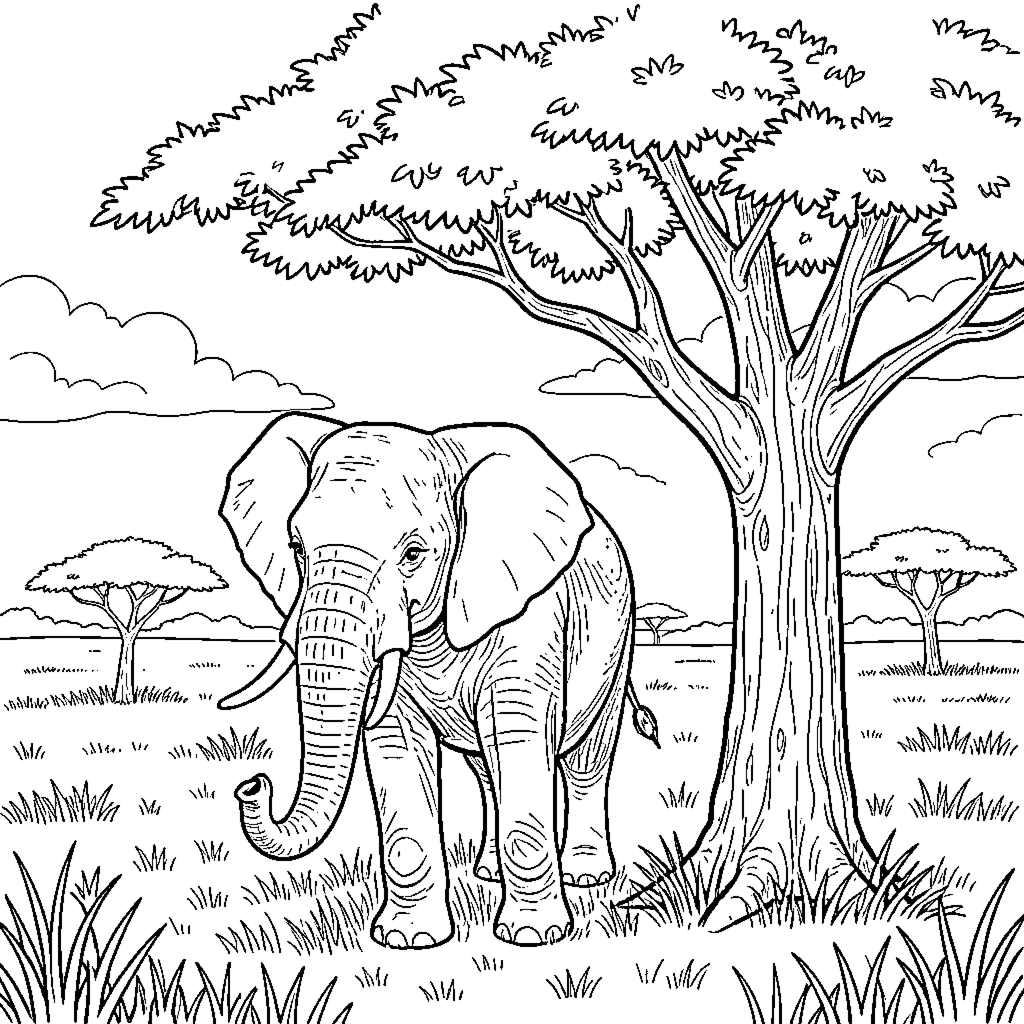 Elephant standing tall in lush forest landscape Coloring Page (free black-and-white line drawing printable PDF for all, from beginners to advanced learners, including children, teens, adults, and seniors)