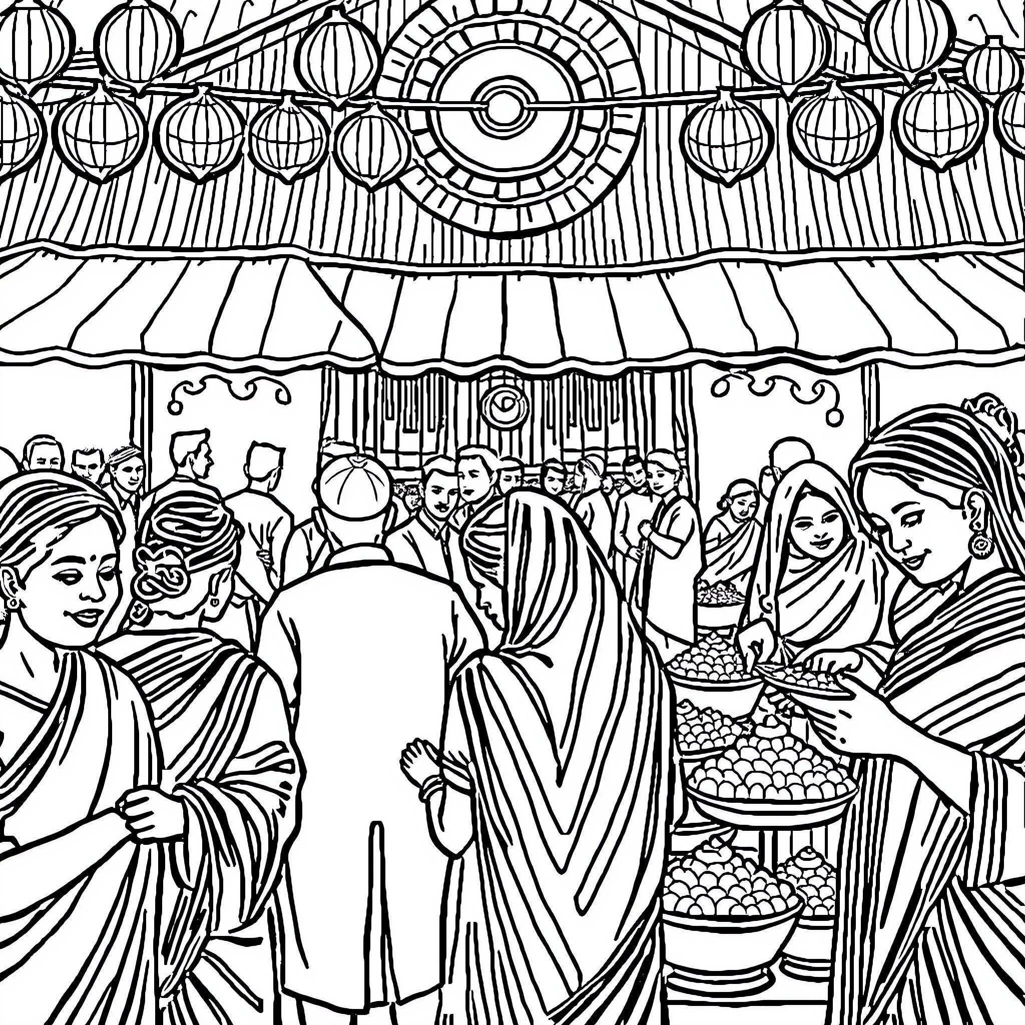 Pitha Uthshob - Festive Gathering with Traditional Attire Coloring Page (free black-and-white line drawing printable PDF for all, from beginners to advanced learners, including children, teens, adults, and seniors)