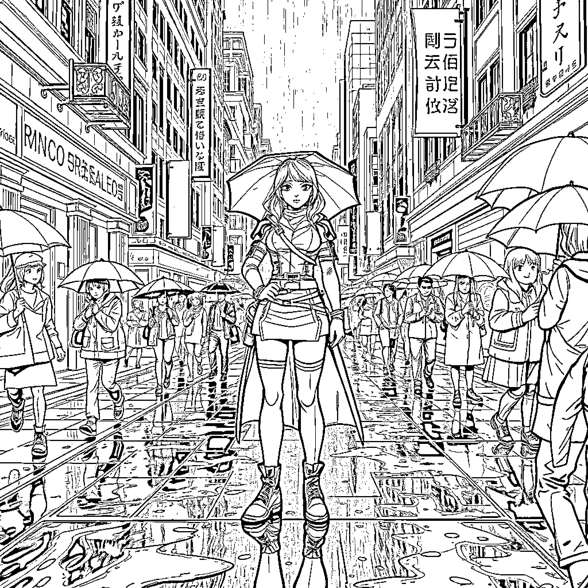 Mage's Journey Through a Bustling Urban Landscape Coloring Page (free black-and-white line drawing printable PDF for all, from beginners to advanced learners, including children, teens, adults, and seniors)