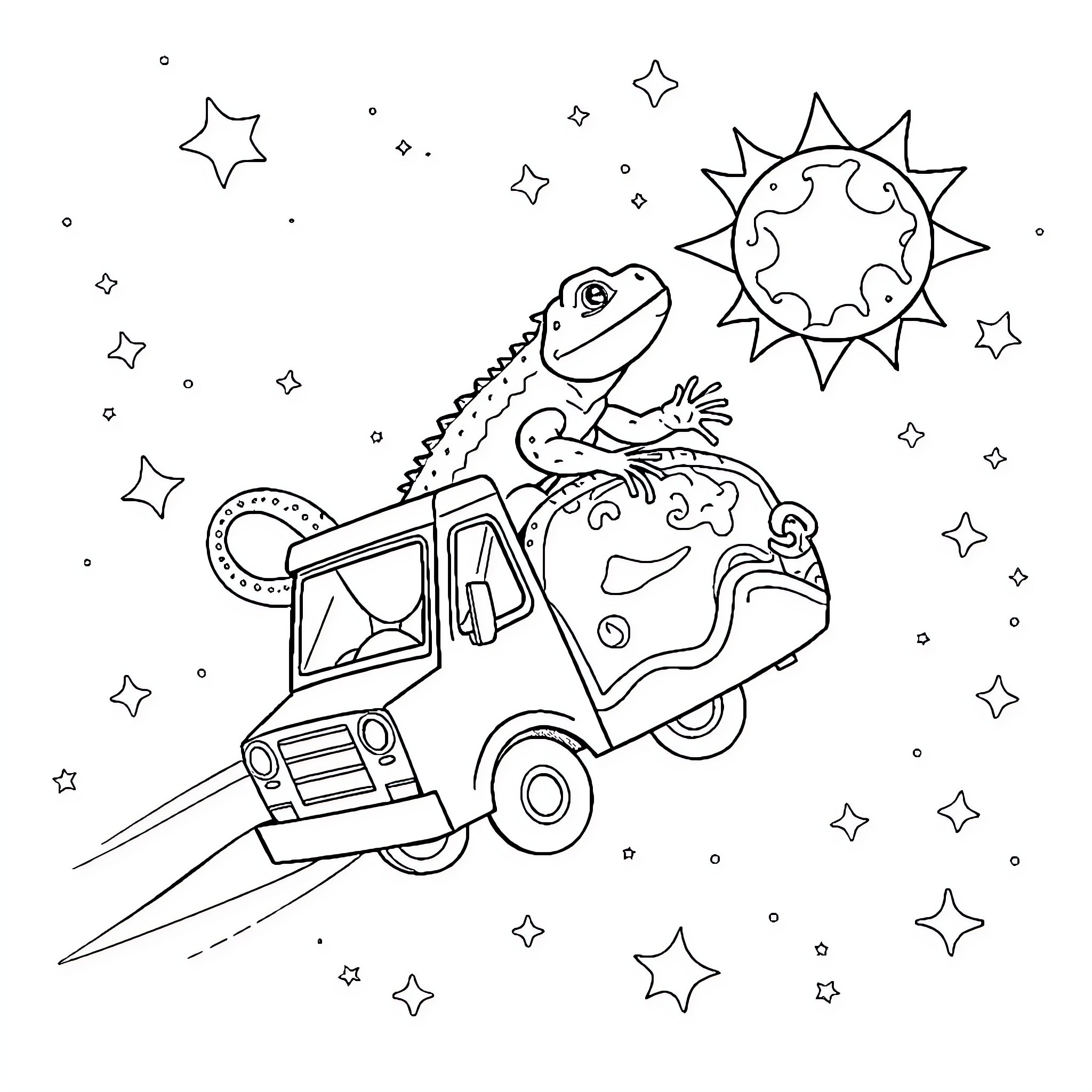 Lizard riding a truck in the starry night Coloring Page (free black-and-white line drawing printable PDF for all, from beginners to advanced learners, including children, teens, adults, and seniors)