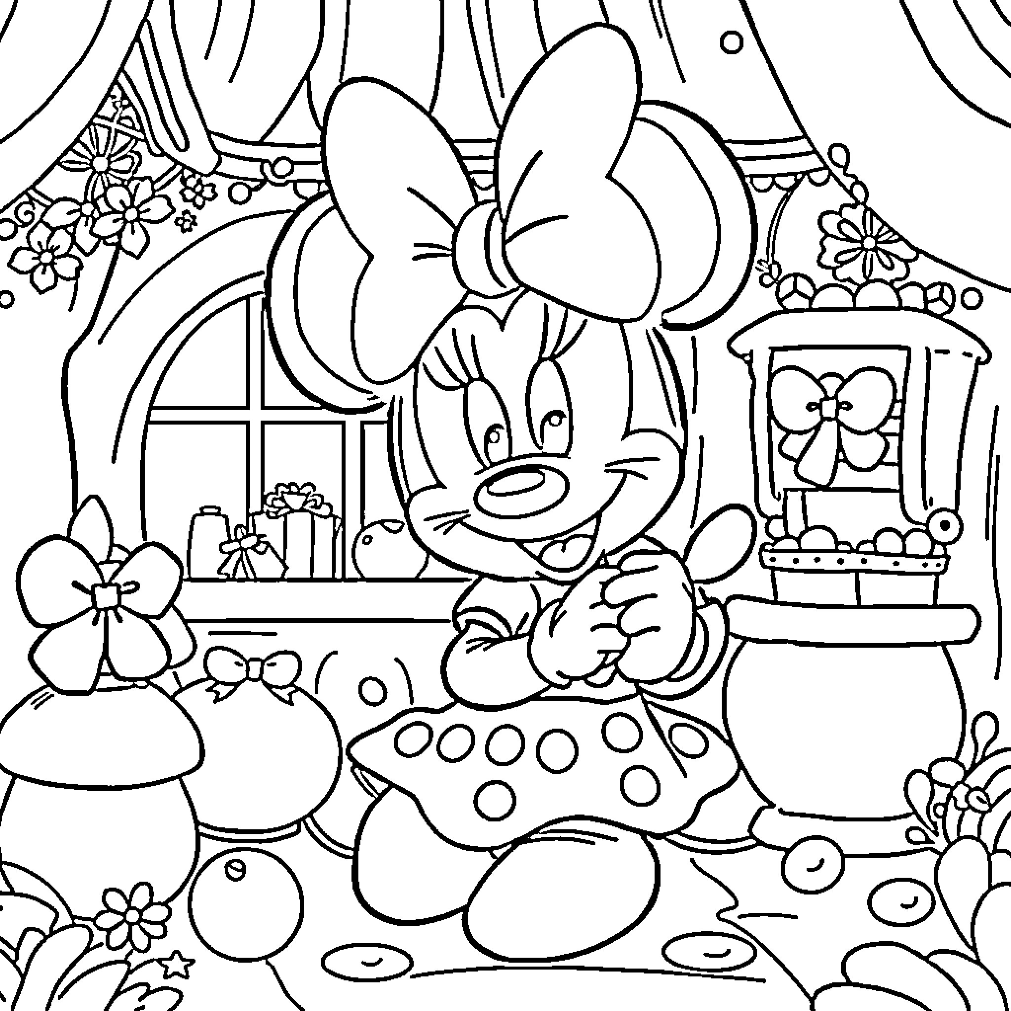 Minnie Mouse's Cozy Cottage Adventure Coloring Page (free black-and-white line drawing printable PDF for all, from beginners to advanced learners, including children, teens, adults, and seniors)