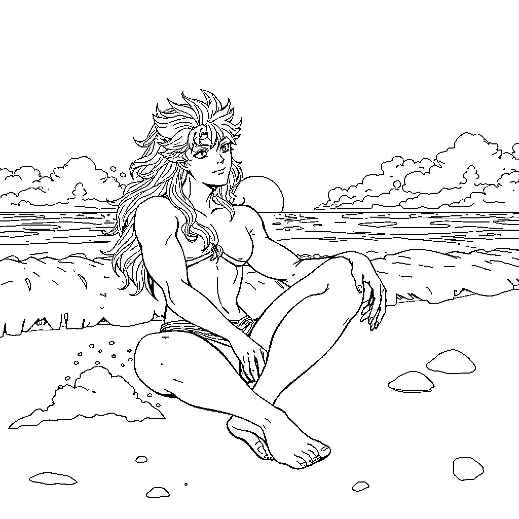 Saint Seiya Warrior Relaxing on the Beach Coloring Page (free black-and-white line drawing printable PDF for all, from beginners to advanced learners, including children, teens, adults, and seniors)