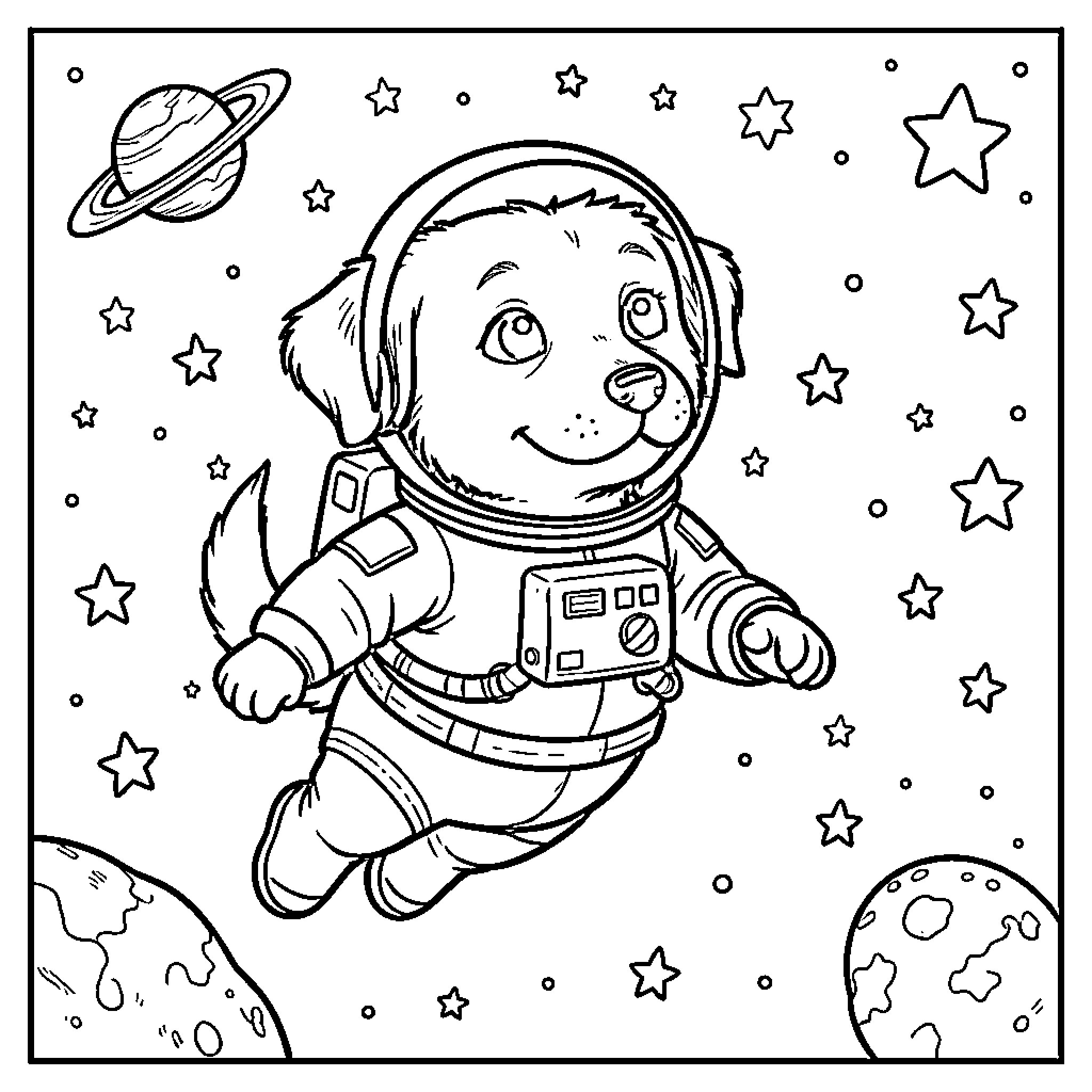 Dog wearing an astronaut suit floating in space Coloring Page (free black-and-white line drawing printable PDF for all, from beginners to advanced learners, including children, teens, adults, and seniors)