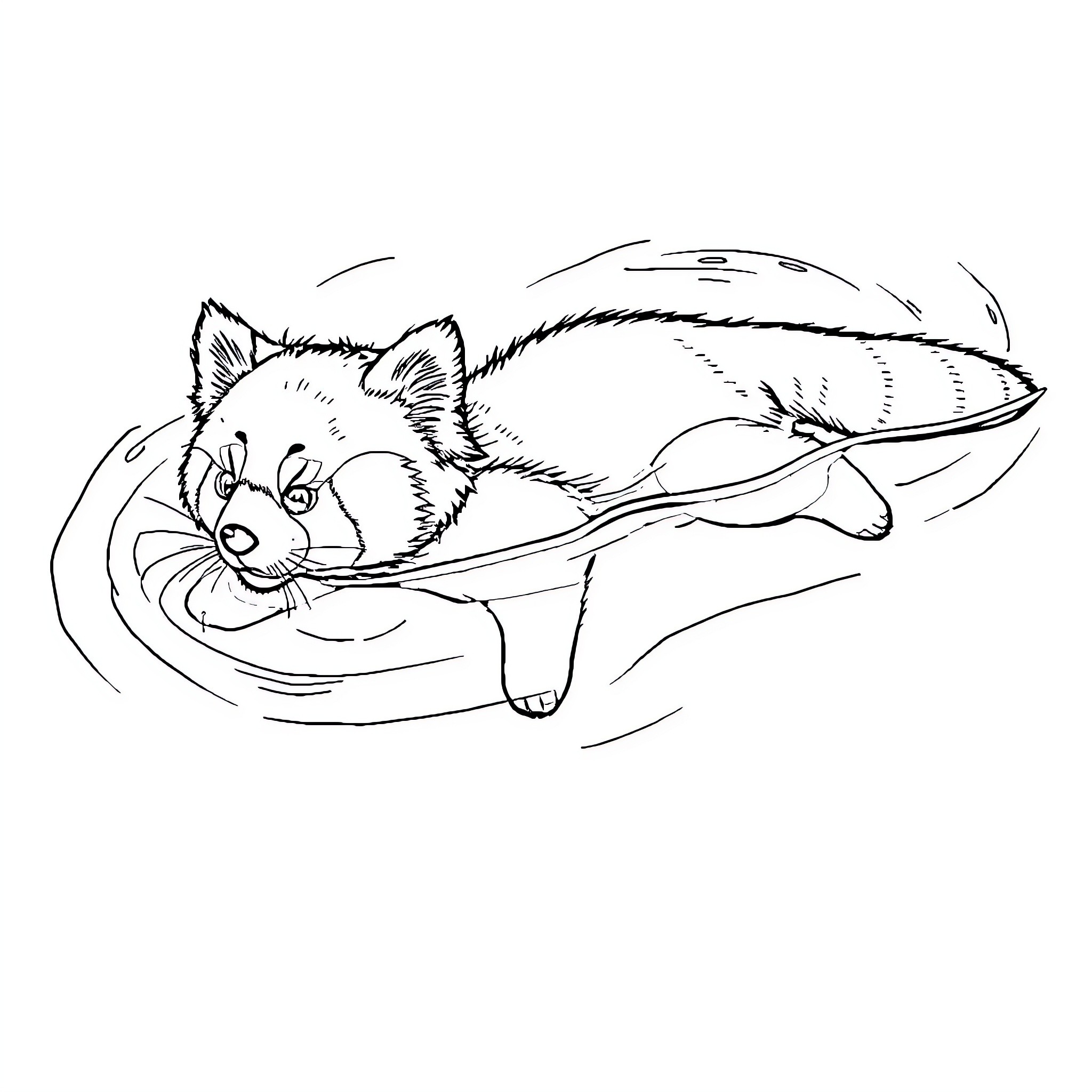 Red Panda relaxing comfortably in a hammock Coloring Page (free black-and-white line drawing printable PDF for all, from beginners to advanced learners, including children, teens, adults, and seniors)