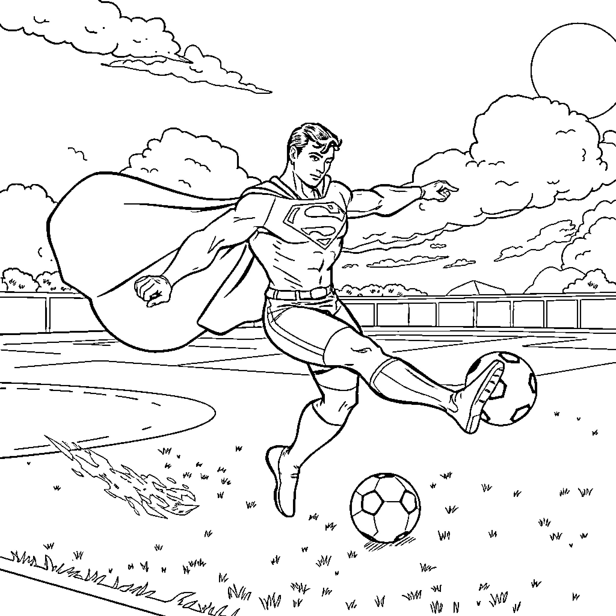 Superman playing soccer in the park Coloring Page (free black-and-white line drawing printable PDF for all, from beginners to advanced learners, including children, teens, adults, and seniors)