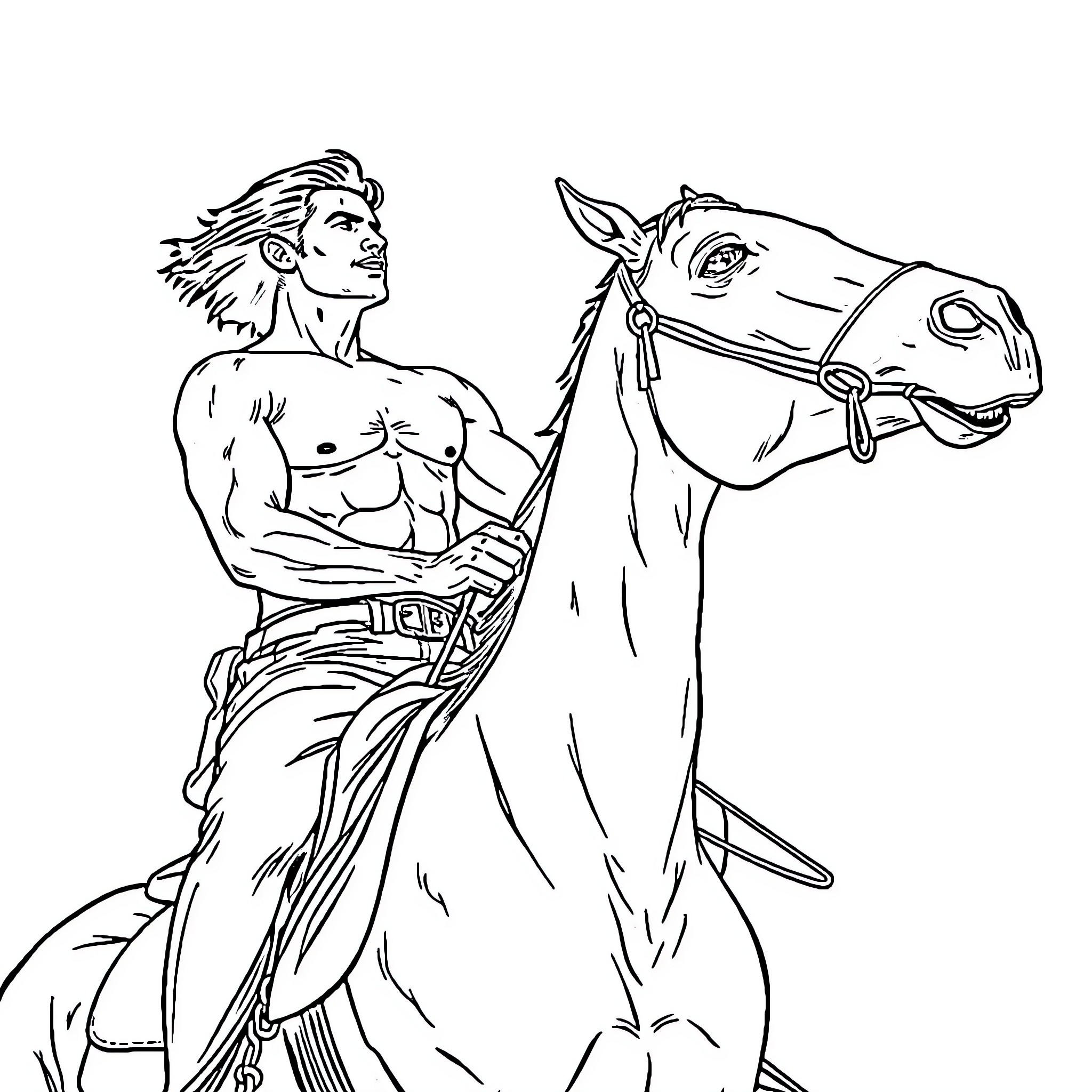 Guy riding powerful horse in action pose Coloring Page (free black-and-white line drawing printable PDF for all, from beginners to advanced learners, including children, teens, adults, and seniors)