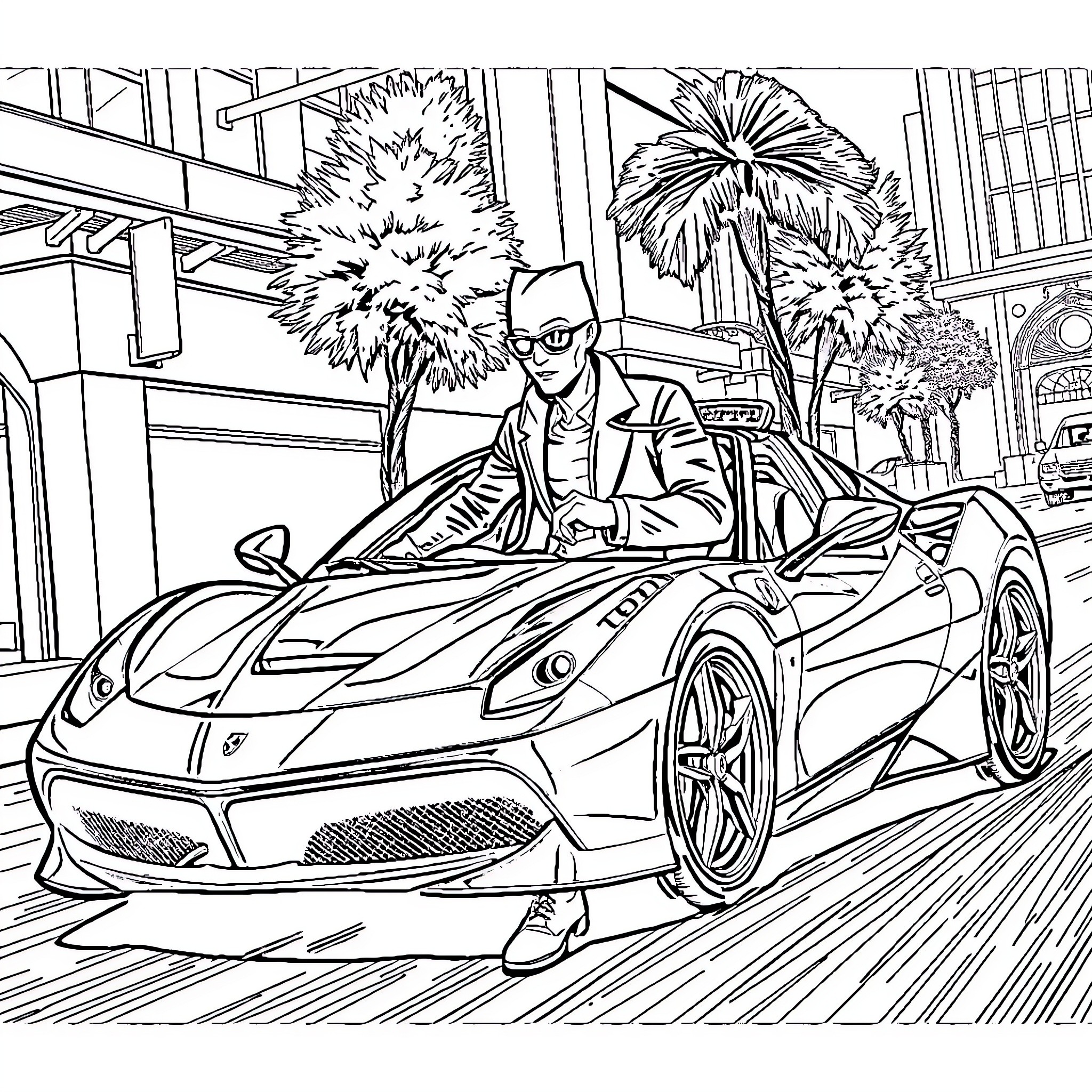 Ferrari driver speeding through city streets Coloring Page (free black-and-white line drawing printable PDF for all, from beginners to advanced learners, including children, teens, adults, and seniors)