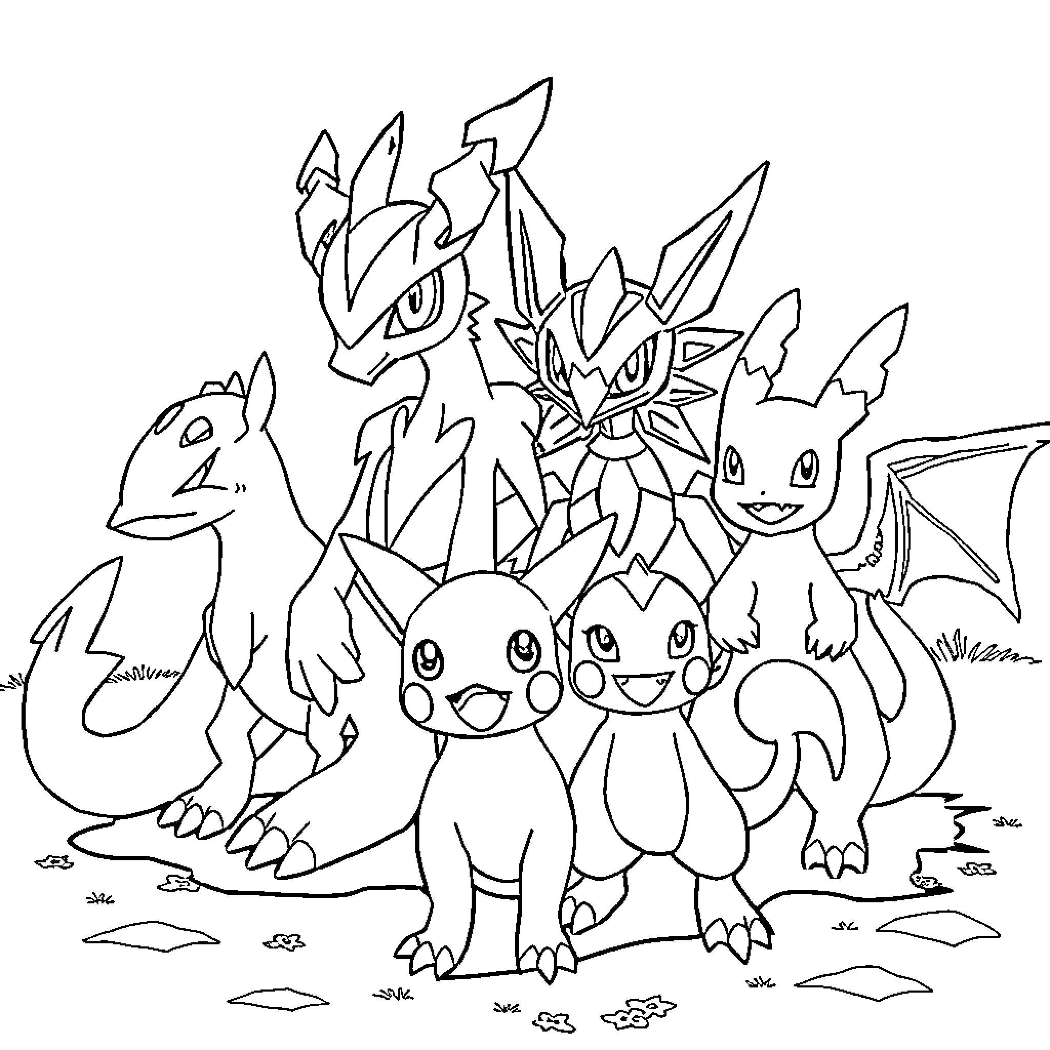 Digimon characters in a playful outdoor scene Coloring Page (free black-and-white line drawing printable PDF for all, from beginners to advanced learners, including children, teens, adults, and seniors)