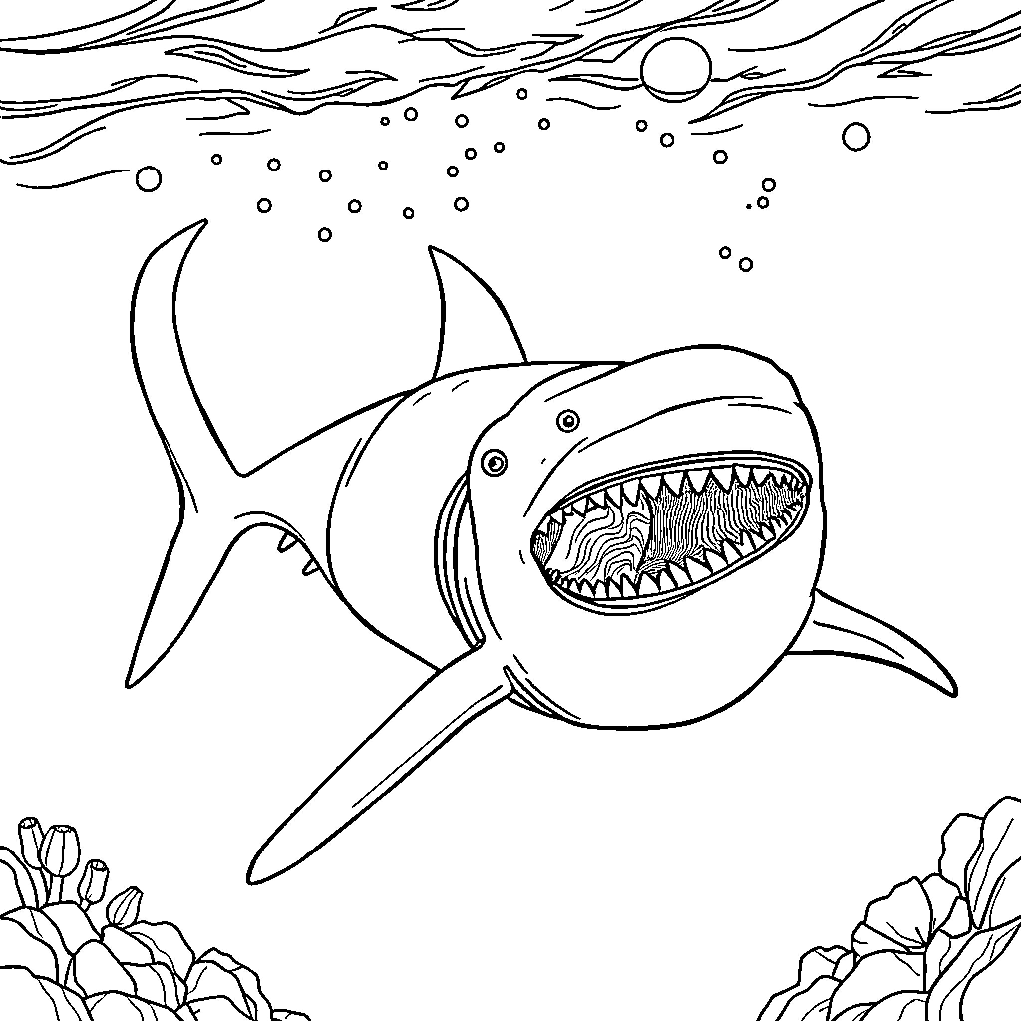 Gran Maja: Menacing Shark in the Underwater Realm Coloring Page (free black-and-white line drawing printable PDF for all, from beginners to advanced learners, including children, teens, adults, and seniors)