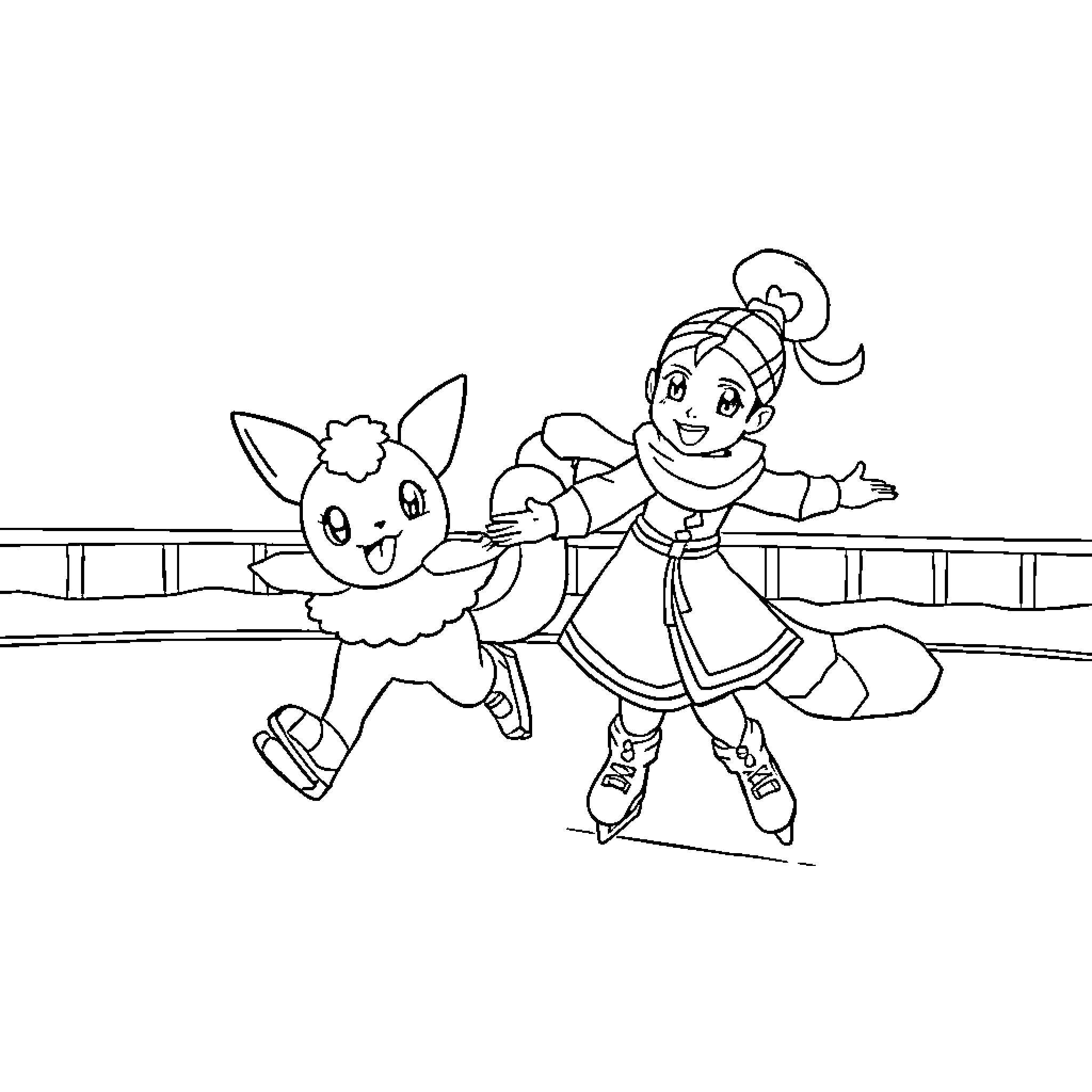 Evoli and her friend ice skating together Coloring Page (free black-and-white line drawing printable PDF for all, from beginners to advanced learners, including children, teens, adults, and seniors)