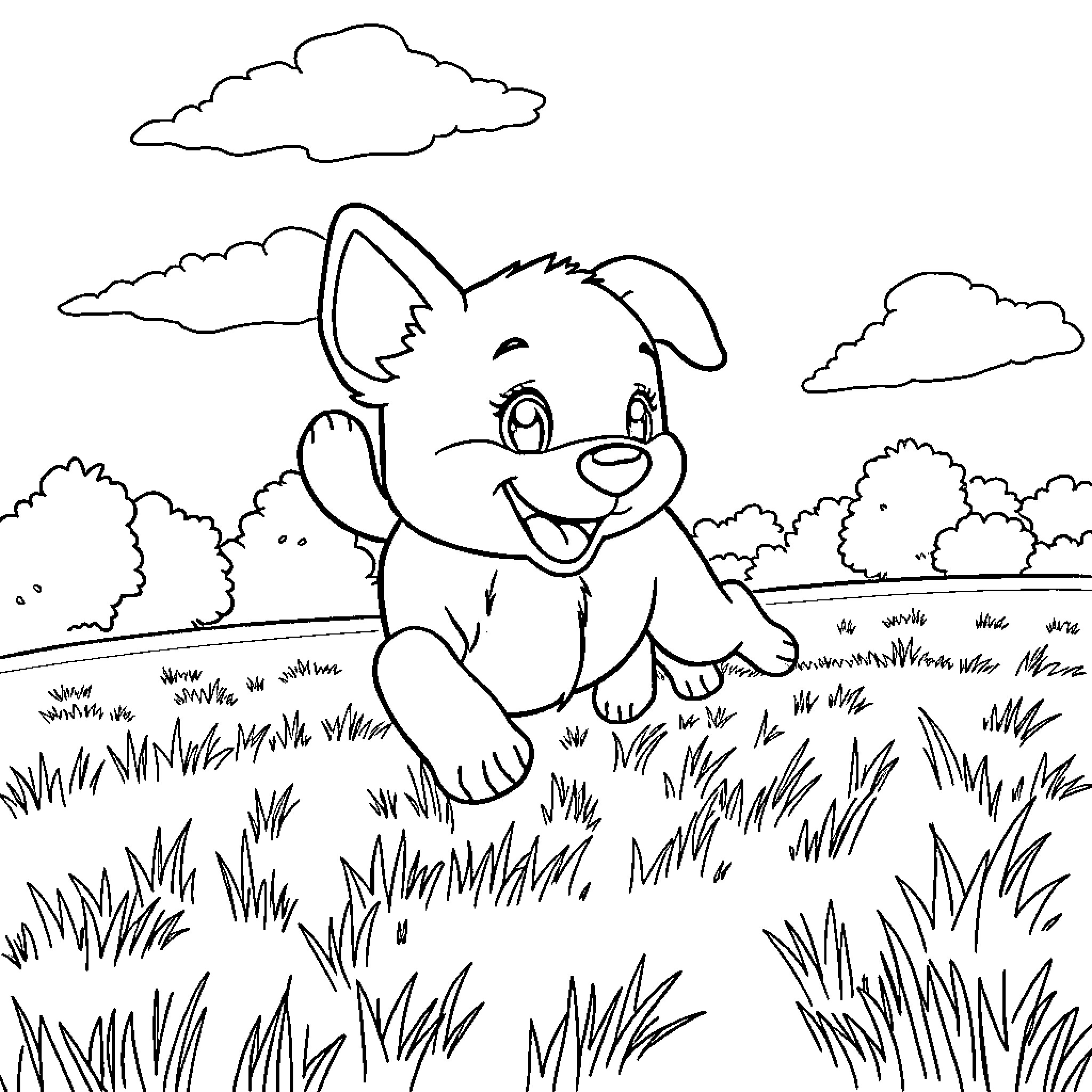Bluey playing happily in the grassy field Coloring Page (free black-and-white line drawing printable PDF for all, from beginners to advanced learners, including children, teens, adults, and seniors)