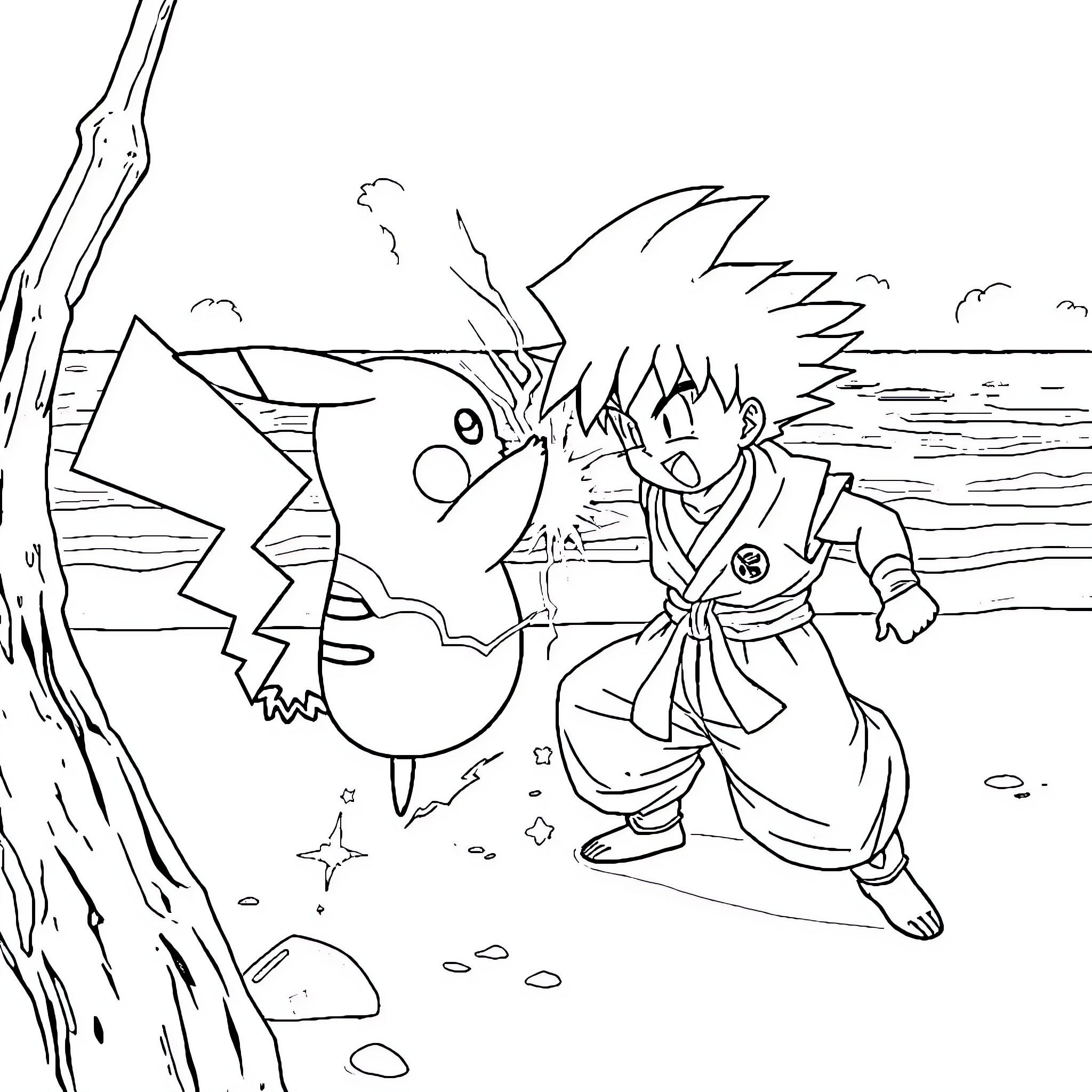 Pikachu and Trainer Exploring Coastal Scenery Coloring Page (free black-and-white line drawing printable PDF for all, from beginners to advanced learners, including children, teens, adults, and seniors)