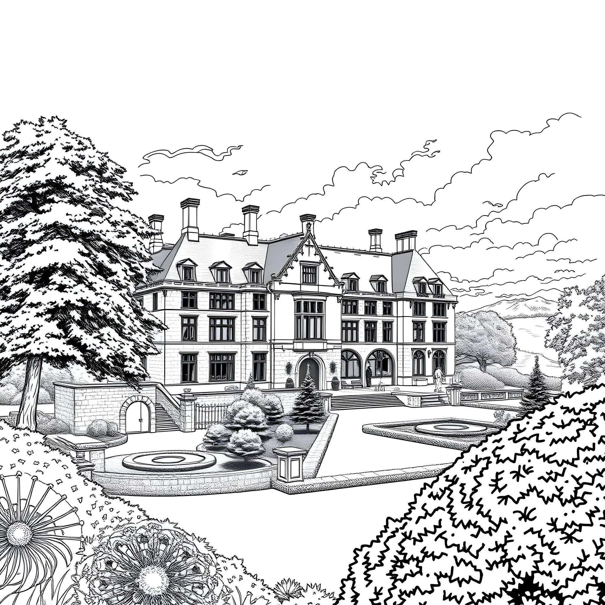 Adare Manor - A Majestic Architectural Masterpiece Coloring Page (free black-and-white line drawing printable PDF for all, from beginners to advanced learners, including children, teens, adults, and seniors)