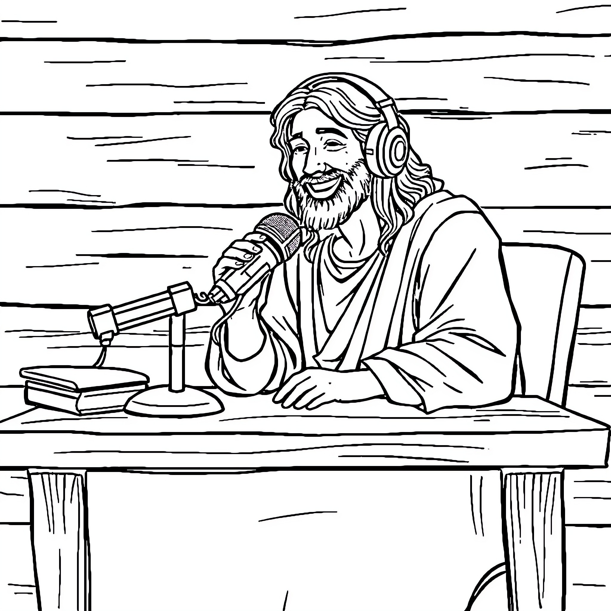 Jesus Preaching Joyfully with Microphone Coloring Page (free black-and-white line drawing printable PDF for all, from beginners to advanced learners, including children, teens, adults, and seniors)