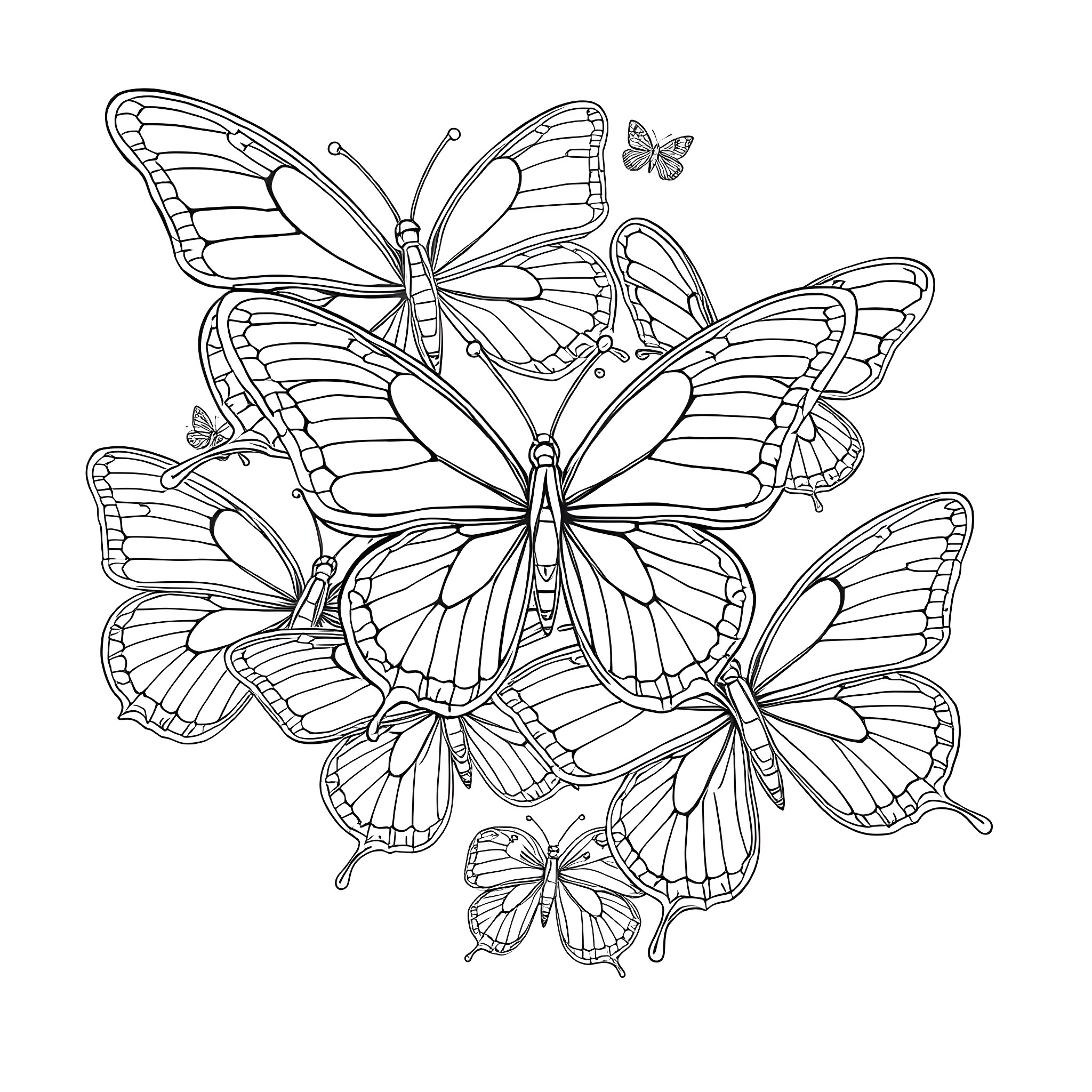 Butterfly Swarm in Elegant Line Art Coloring Page (free black-and-white line drawing printable PDF for all, from beginners to advanced learners, including children, teens, adults, and seniors)