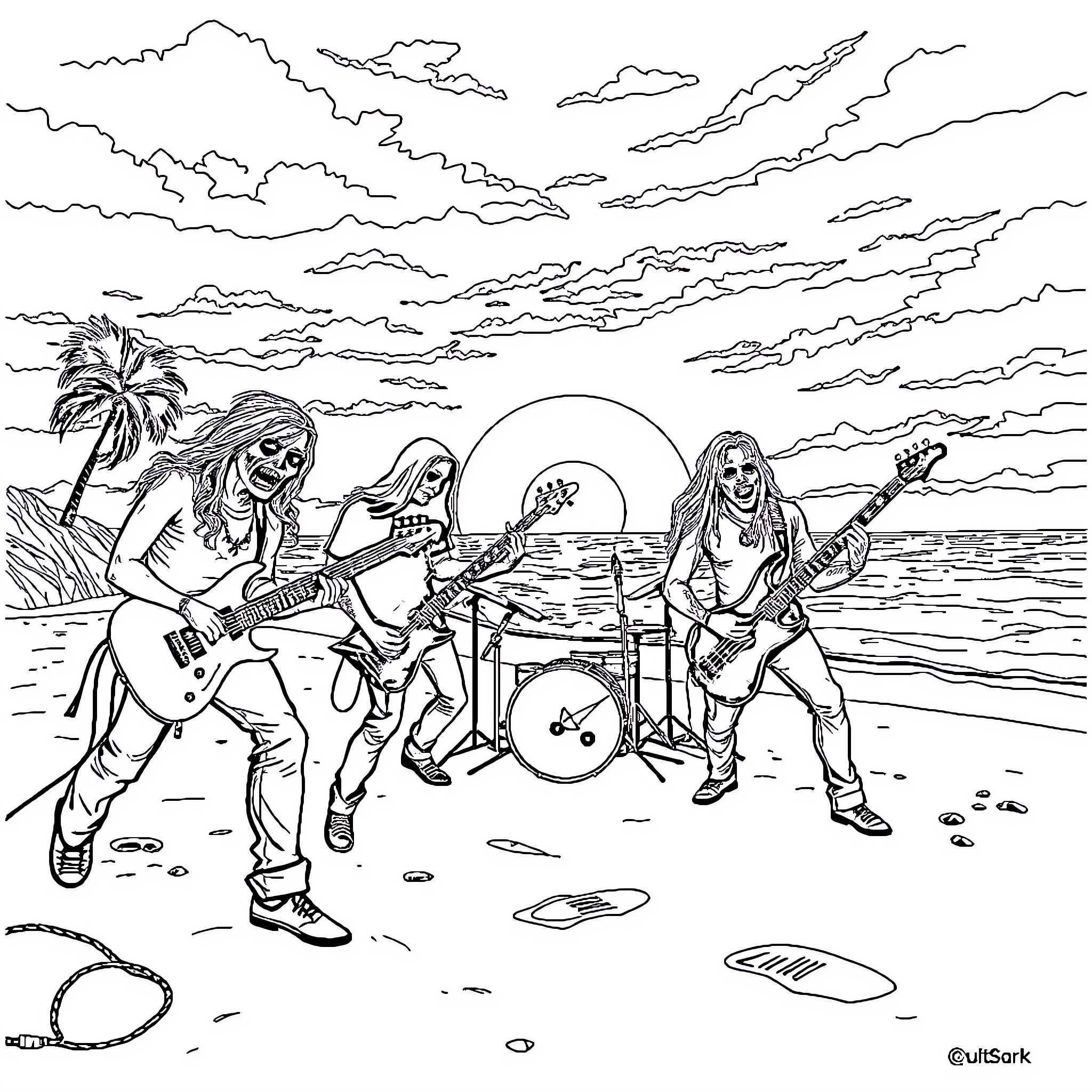 Band performing on the beach at sunset Coloring Page (free black-and-white line drawing printable PDF for all, from beginners to advanced learners, including children, teens, adults, and seniors)