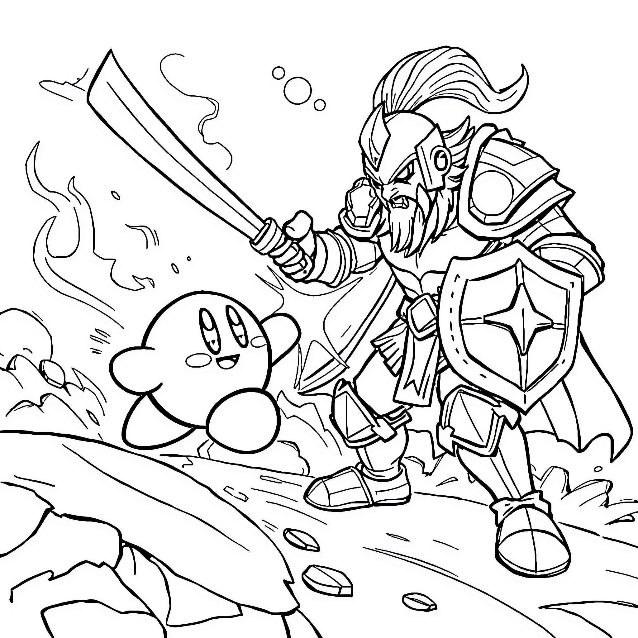 Kirby facing a heroic knight in battle Coloring Page (free black-and-white line drawing printable PDF for all, from beginners to advanced learners, including children, teens, adults, and seniors)