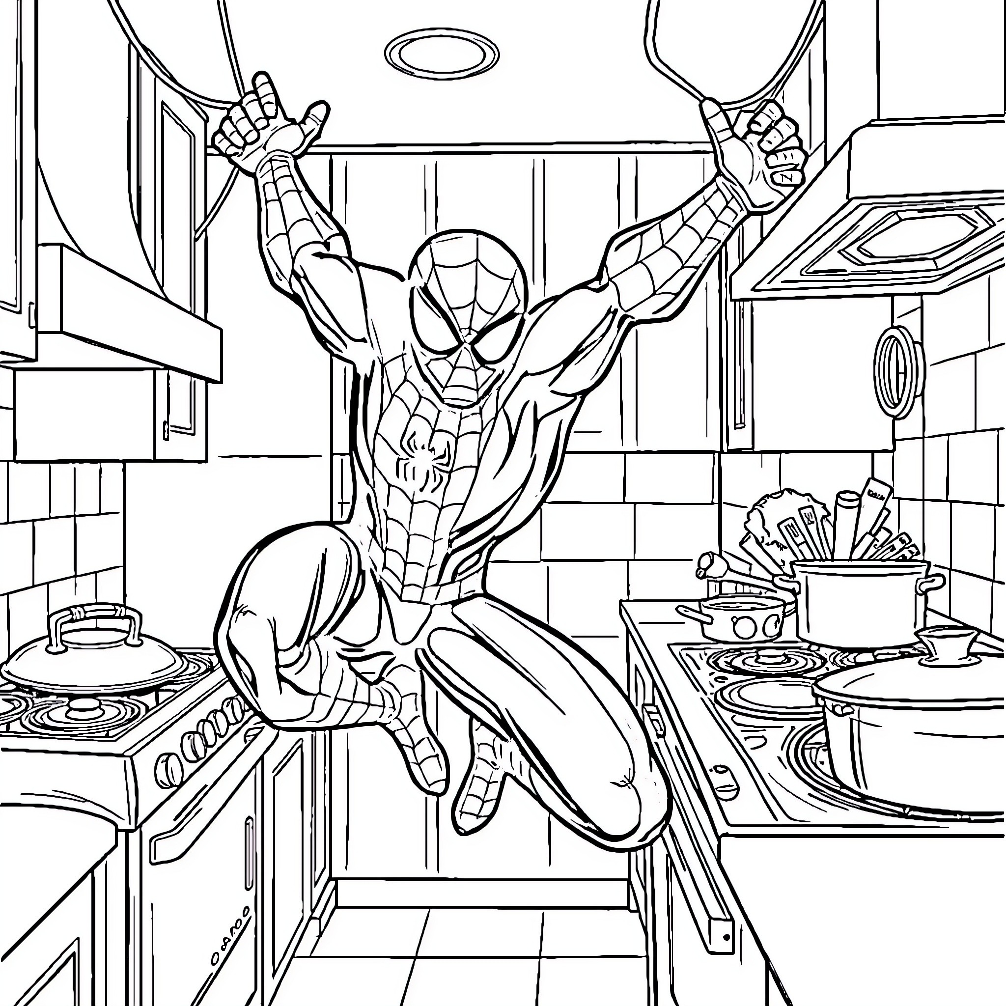 Spider-Man swinging through the kitchen Coloring Page (free black-and-white line drawing printable PDF for all, from beginners to advanced learners, including children, teens, adults, and seniors)