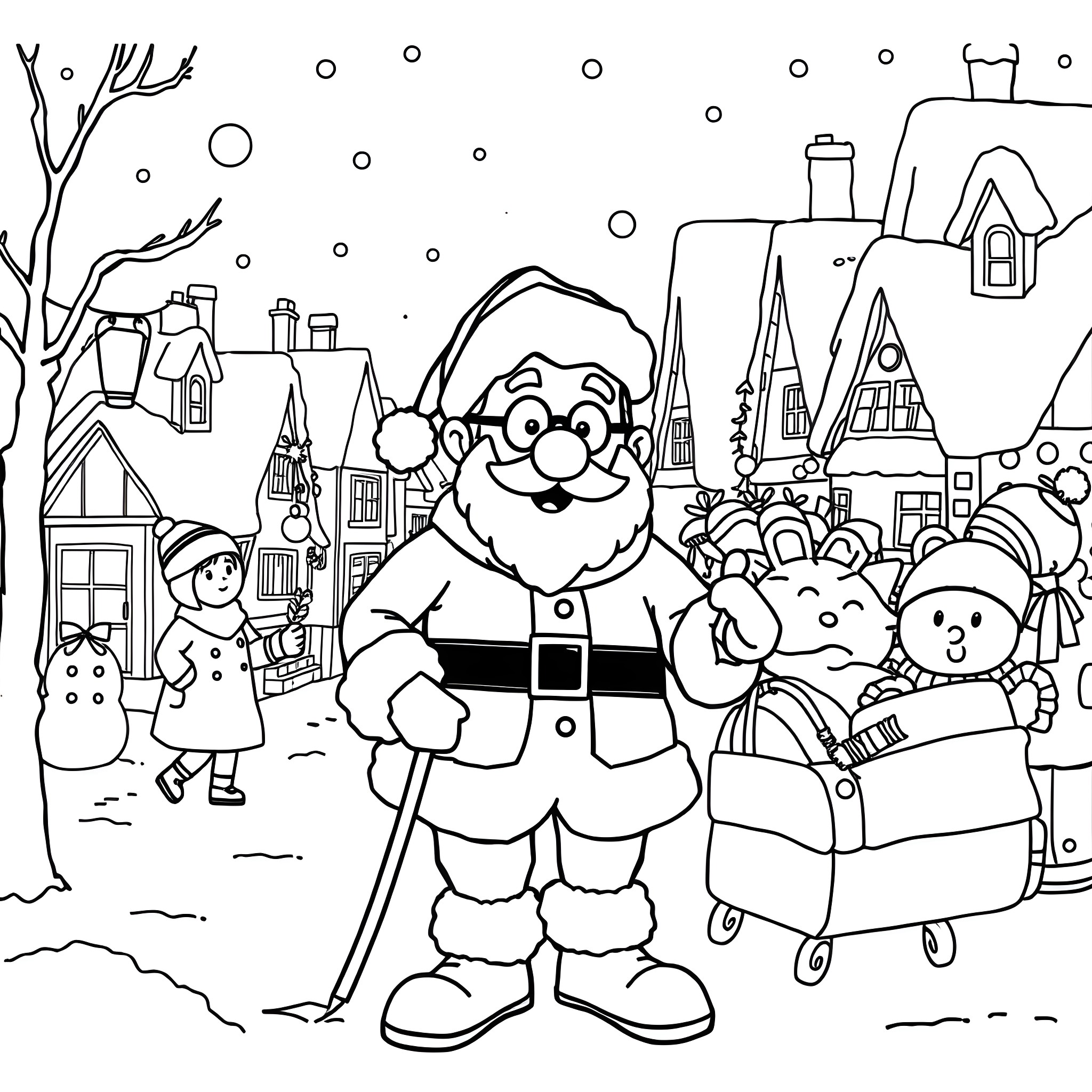 Ned Flanders enjoying a snowy holiday with family and friends Coloring Page (free black-and-white line drawing printable PDF for all, from beginners to advanced learners, including children, teens, adults, and seniors)