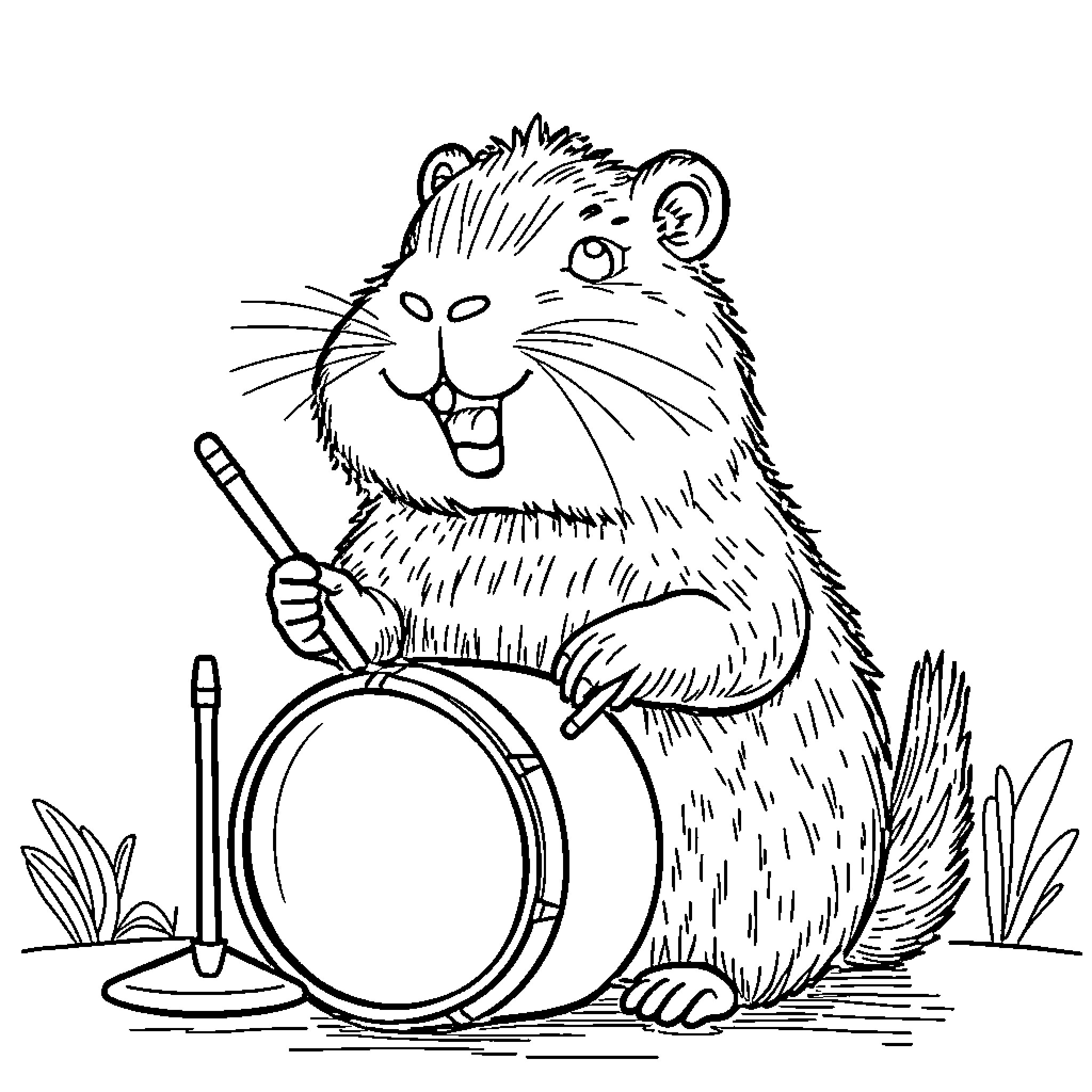 Capybara playing the drums happily Coloring Page (free black-and-white line drawing printable PDF for all, from beginners to advanced learners, including children, teens, adults, and seniors)