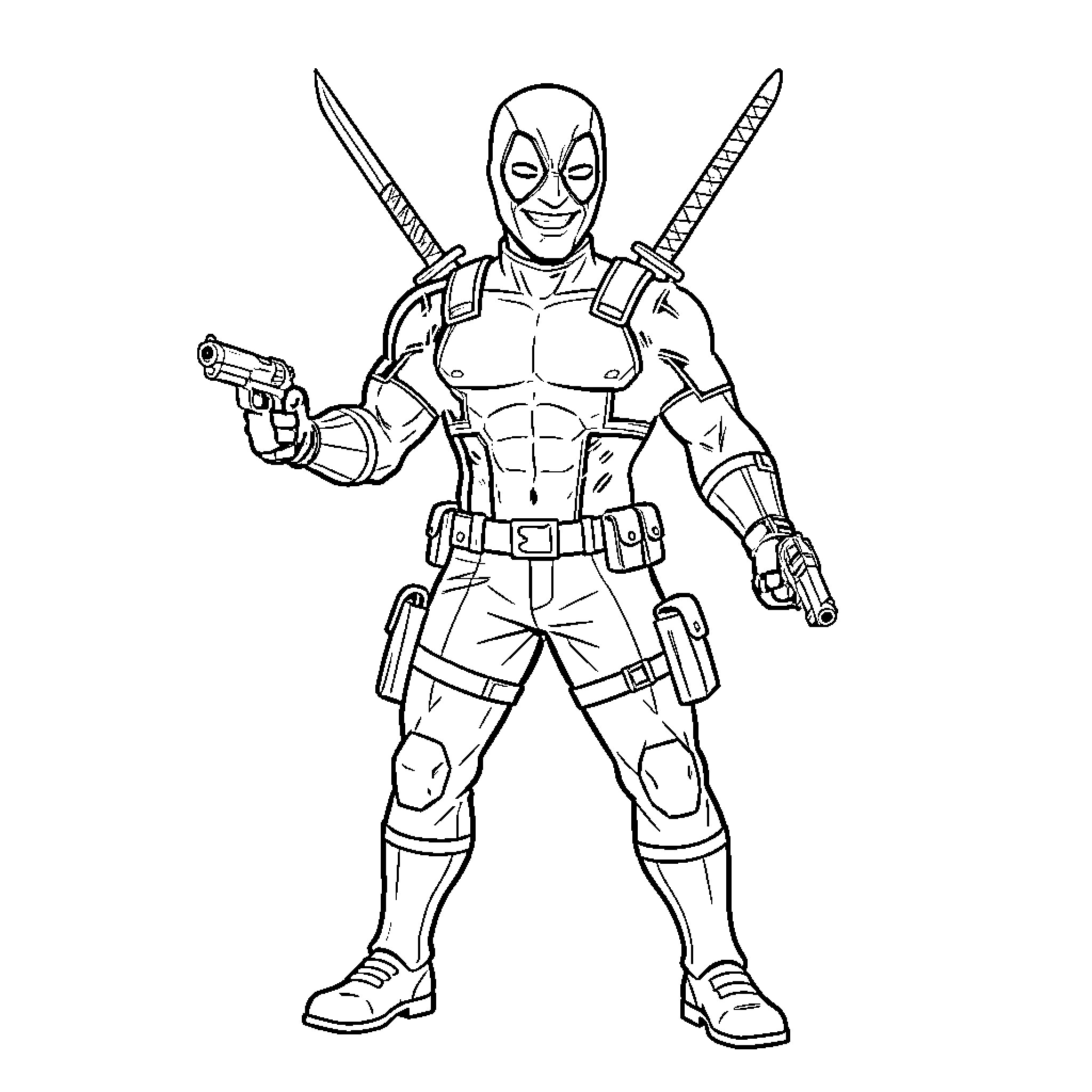 Deadpool posing with dual pistols and katanas Coloring Page (free black-and-white line drawing printable PDF for all, from beginners to advanced learners, including children, teens, adults, and seniors)