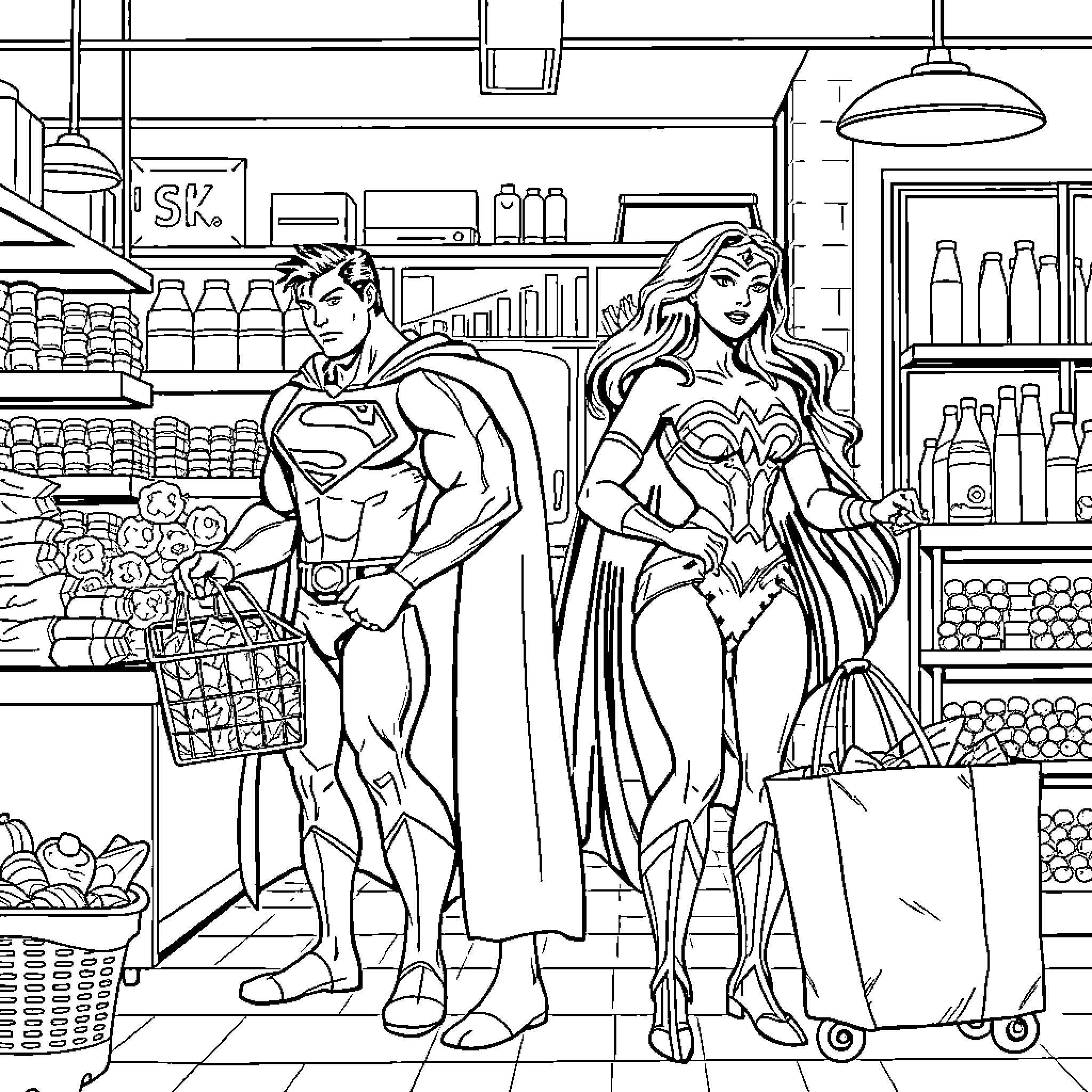 Superhero couple shopping in a grocery store Coloring Page (free black-and-white line drawing printable PDF for all, from beginners to advanced learners, including children, teens, adults, and seniors)