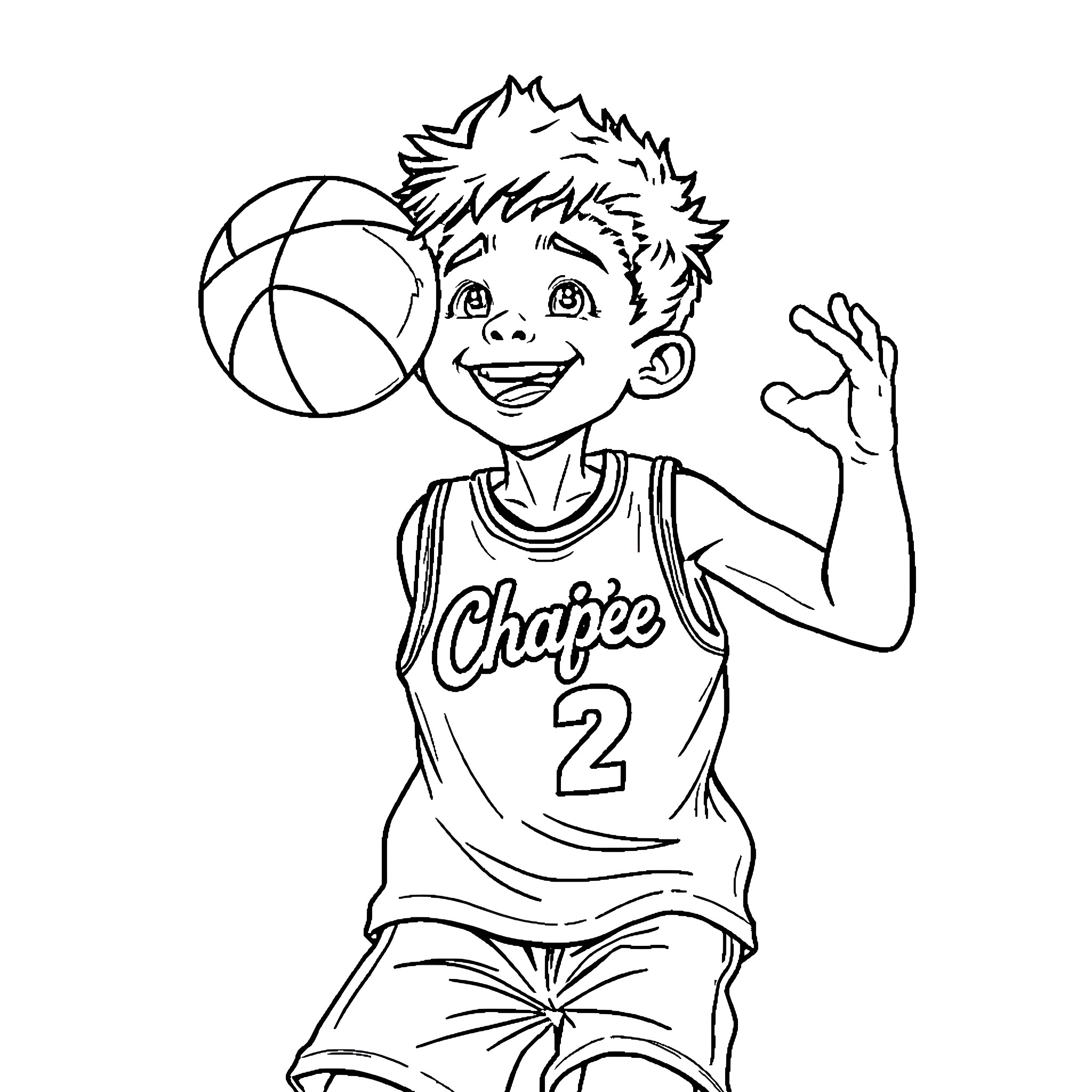 Boy playing with basketball excitedly Coloring Page (free black-and-white line drawing printable PDF for all, from beginners to advanced learners, including children, teens, adults, and seniors)