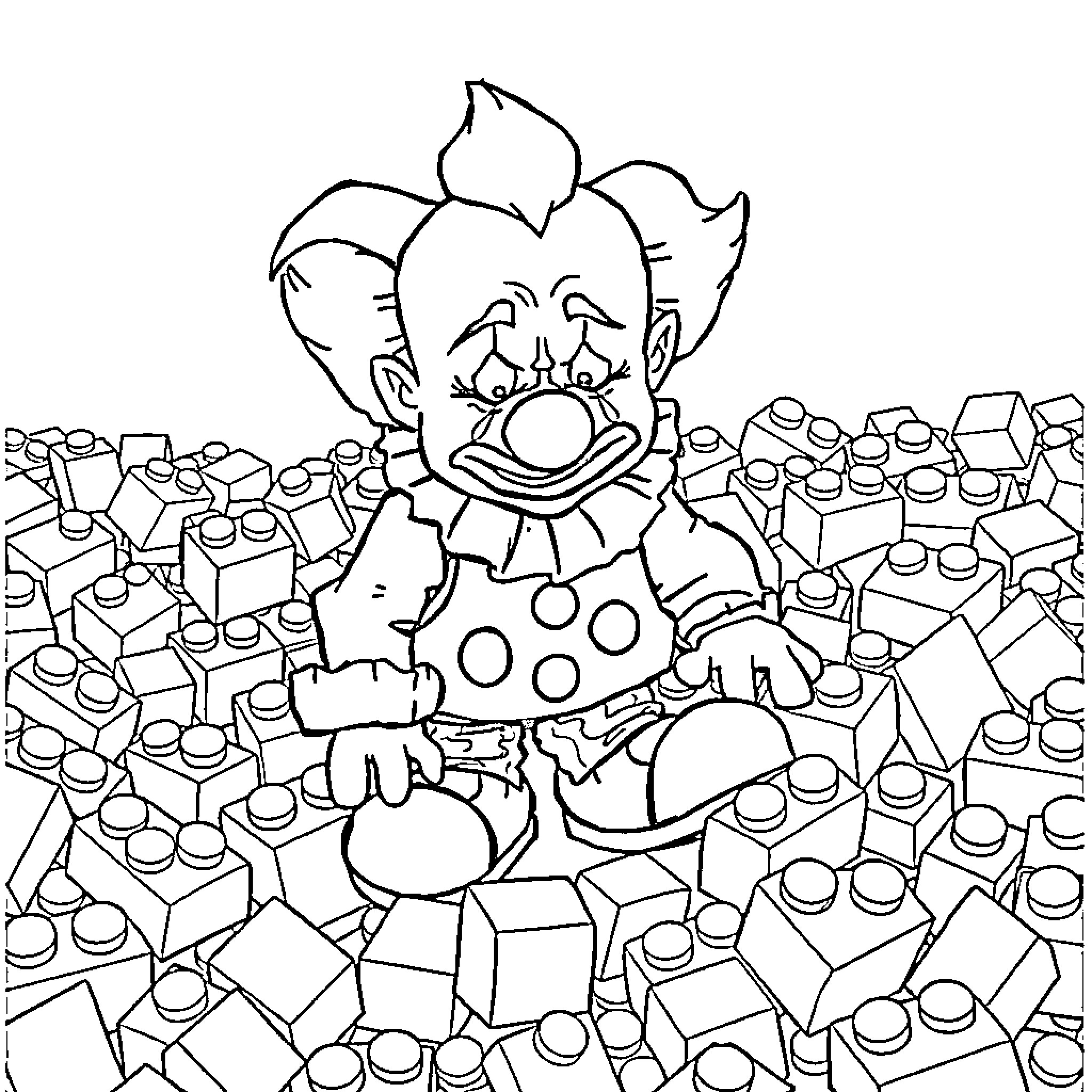 Clown surrounded by playful blocks and shapes Coloring Page (free black-and-white line drawing printable PDF for all, from beginners to advanced learners, including children, teens, adults, and seniors)