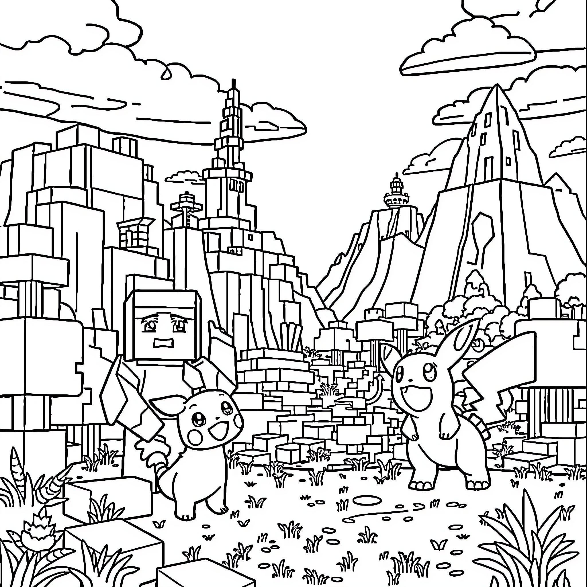 Minecraft characters exploring a fantastical landscape Coloring Page (free black-and-white line drawing printable PDF for all, from beginners to advanced learners, including children, teens, adults, and seniors)