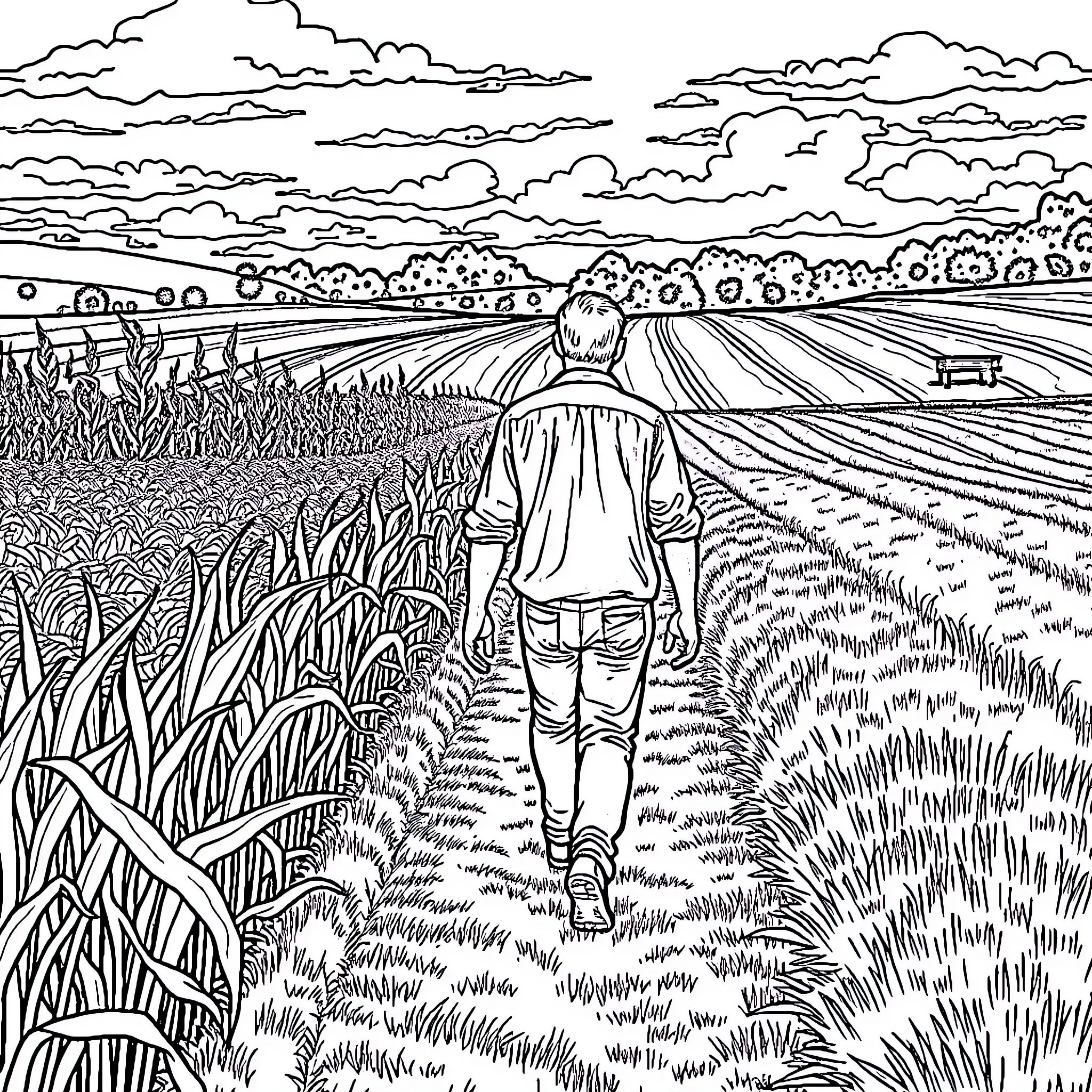 Man walking through countryside landscape Coloring Page (free black-and-white line drawing printable PDF for all, from beginners to advanced learners, including children, teens, adults, and seniors)