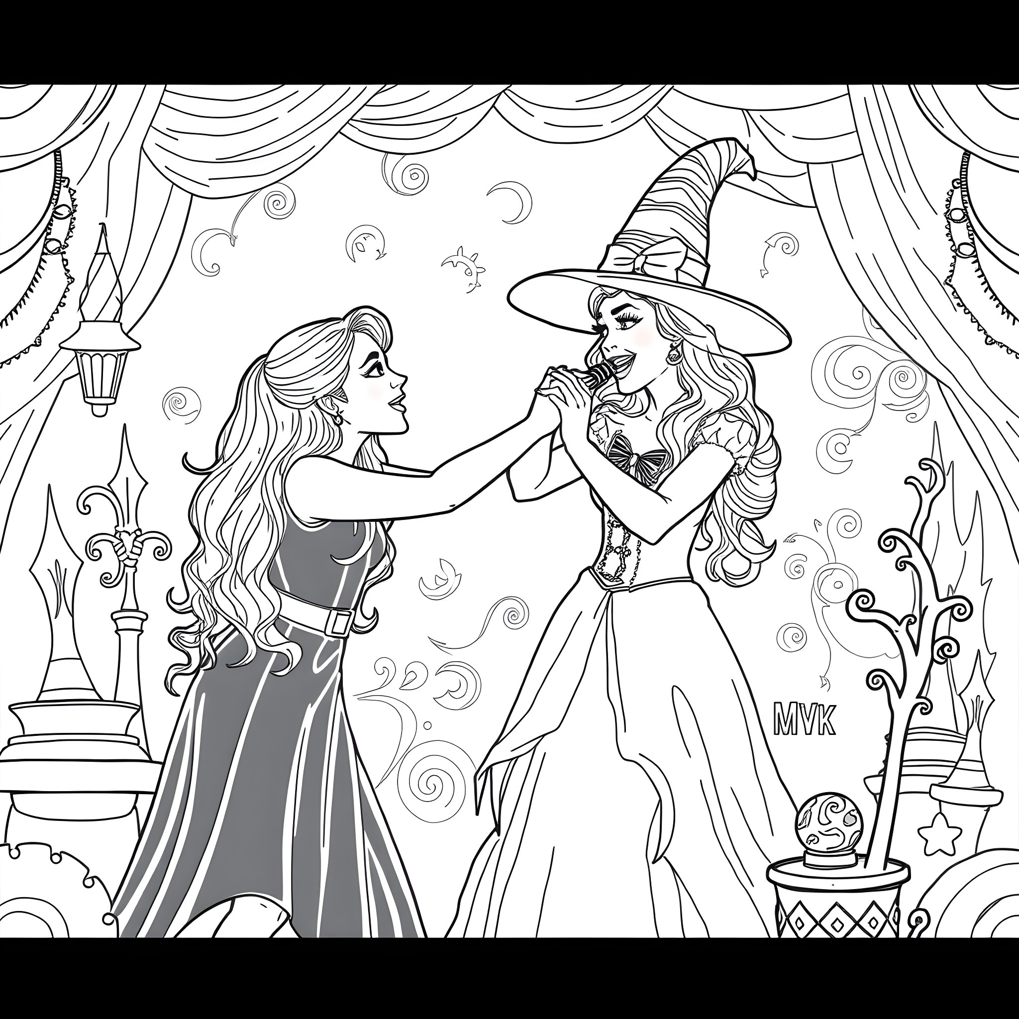 Ariana Grande and a Witch in a Magical Fantasy Scene Coloring Page (free black-and-white line drawing printable PDF for all, from beginners to advanced learners, including children, teens, adults, and seniors)