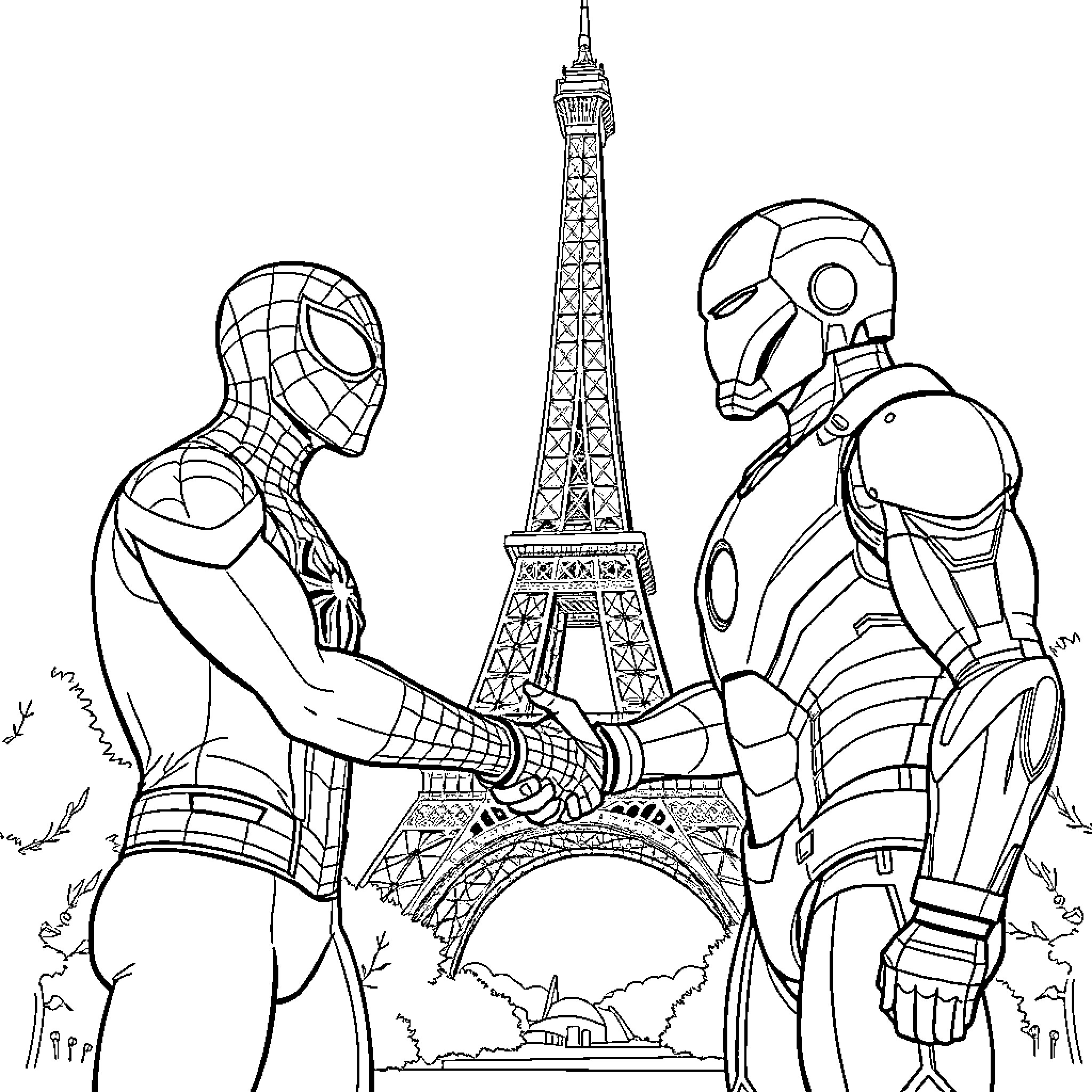 Spiderman and Iron Man visit the Eiffel Tower Coloring Page (free black-and-white line drawing printable PDF for all, from beginners to advanced learners, including children, teens, adults, and seniors)