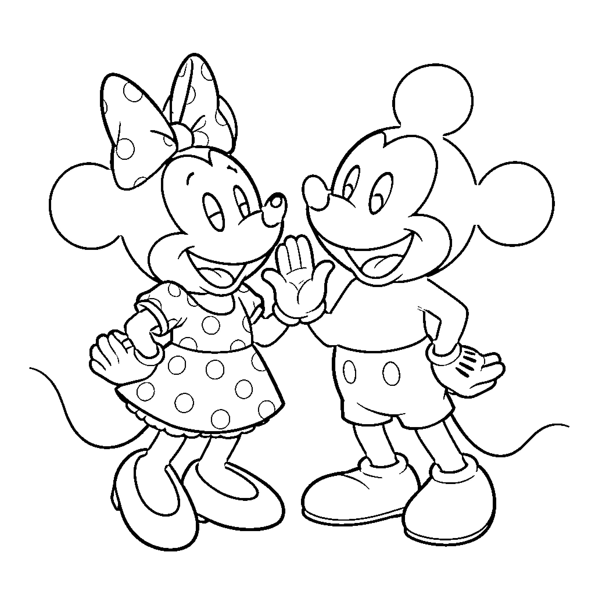 Minnie and Mickey giving each other a high five Coloring Page (free black-and-white line drawing printable PDF for all, from beginners to advanced learners, including children, teens, adults, and seniors)