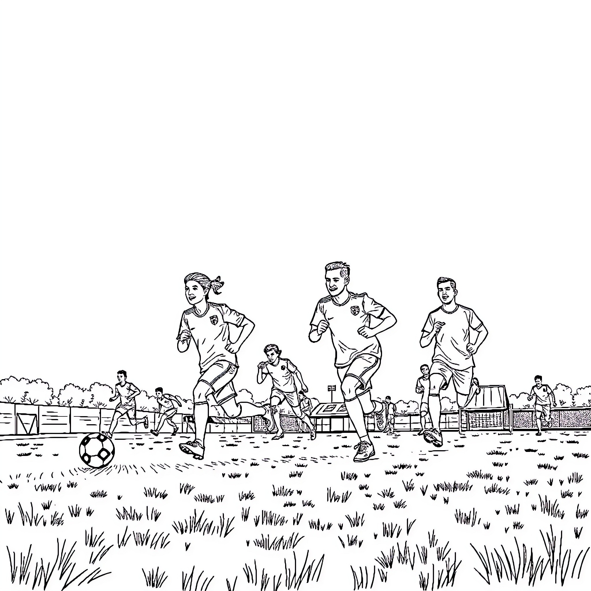 Soccer Players Competing on Grassy Field Coloring Page (free black-and-white line drawing printable PDF for all, from beginners to advanced learners, including children, teens, adults, and seniors)